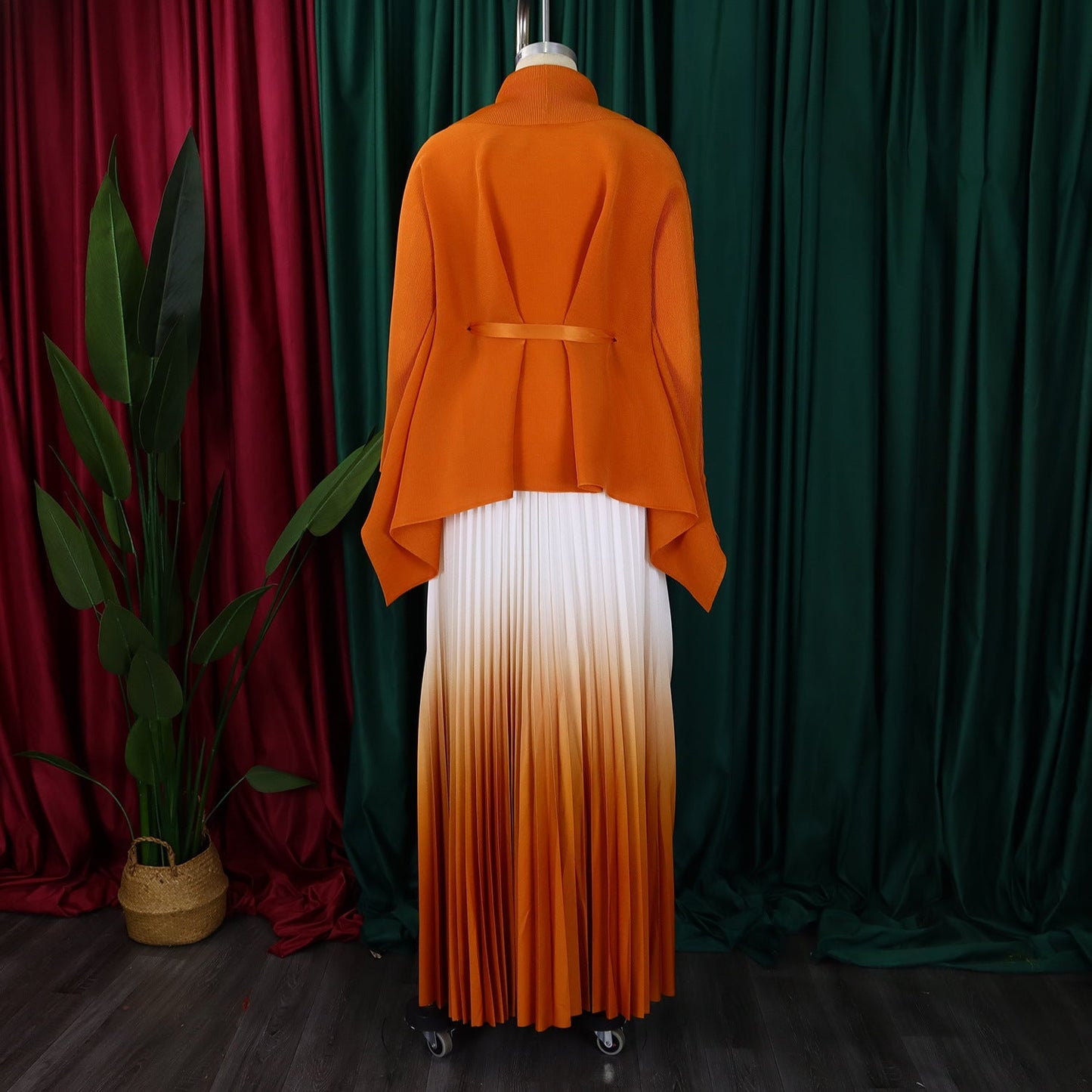 CM.YAYA Gradient Women's Set Full Sleeve Belt Blouse Shirt and Pleated Long Skirts Suit Street Two 2 Piece Set Outfit Tracksuit