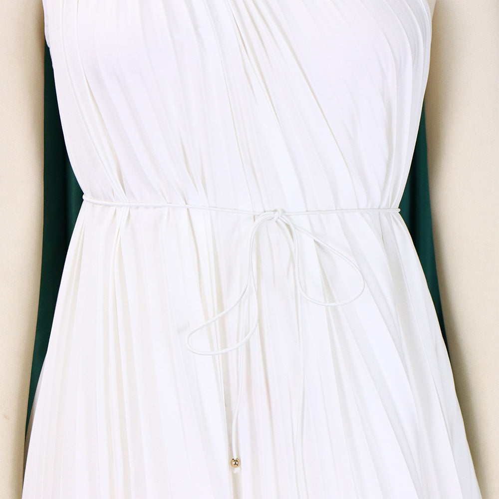 CM.YAYA Women One Shoulder Sleeveless Big Swing Pleated Knee Length Dress 2023 Fashion Street Vestidos Sexy Chic Dresses