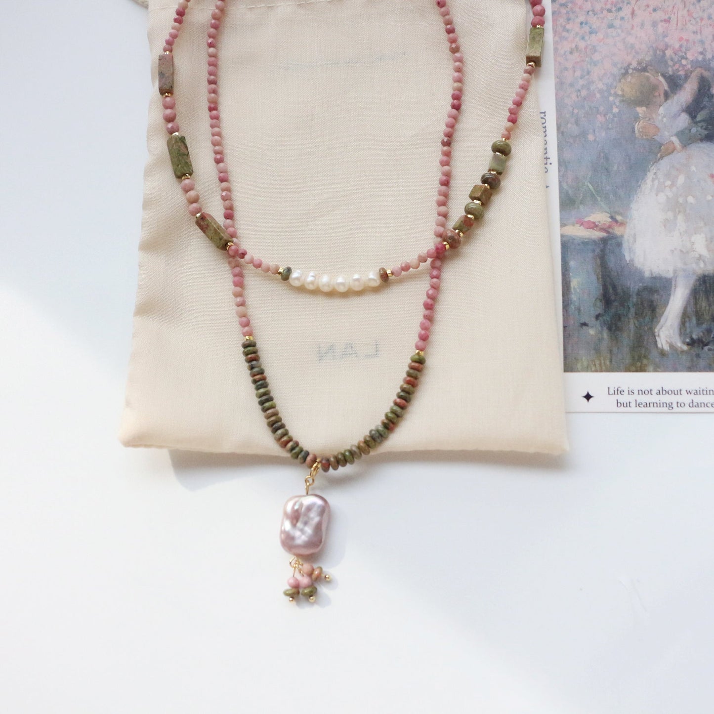 Jekira Rhodochrosite & Baroque Pearl Necklace Set