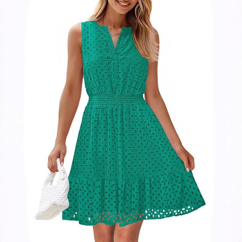 Women's Sleeveless One-piece Dress V-neck Hollow Out