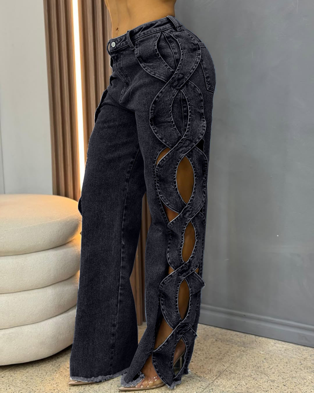 BKQU Fashion Streetwear Y2k Hollow Out Jeans Women High Waist Side Cross Cutout Wide Leg Blue Denim Pants Elegant Party Jean2025