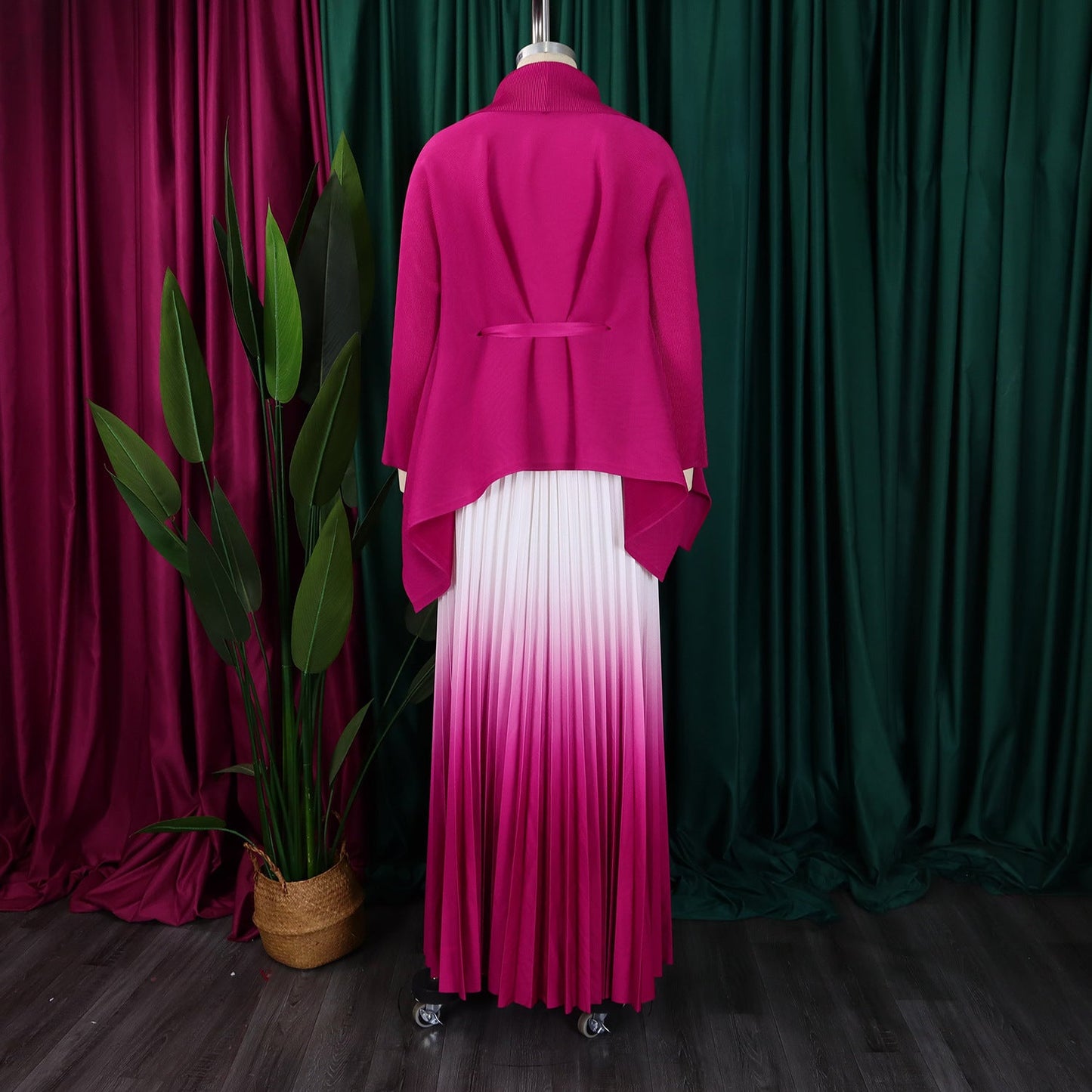 CM.YAYA Gradient Women's Set Full Sleeve Belt Blouse Shirt and Pleated Long Skirts Suit Street Two 2 Piece Set Outfit Tracksuit