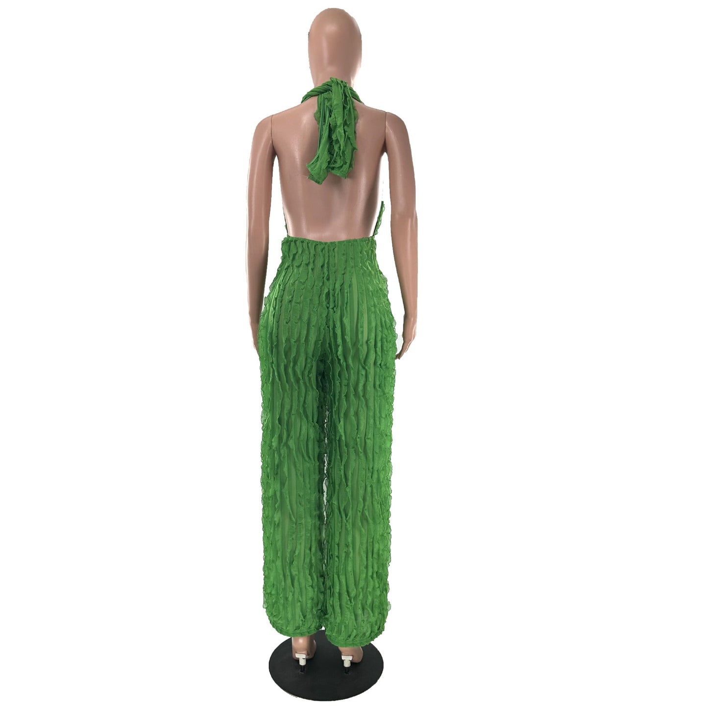 CM.YAYA Fashion Women Wave Ruffles Halter Deep V-neck Backless Sleeveless Wide Leg Jumpsuit 2023 Sexy Party Club Romper Playsuit