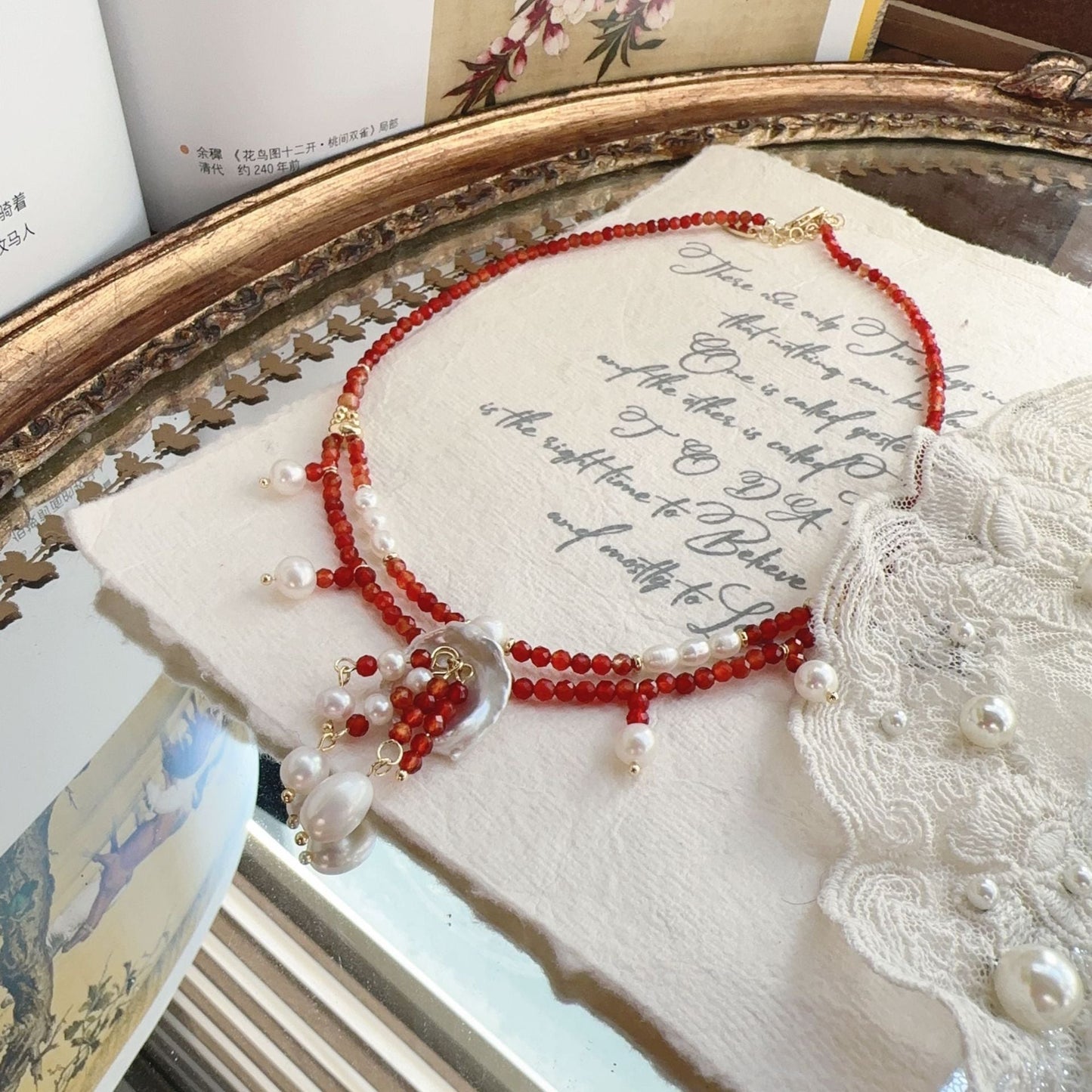 Jekira Red Agate & Baroque Pearl Double-Layer Necklace
