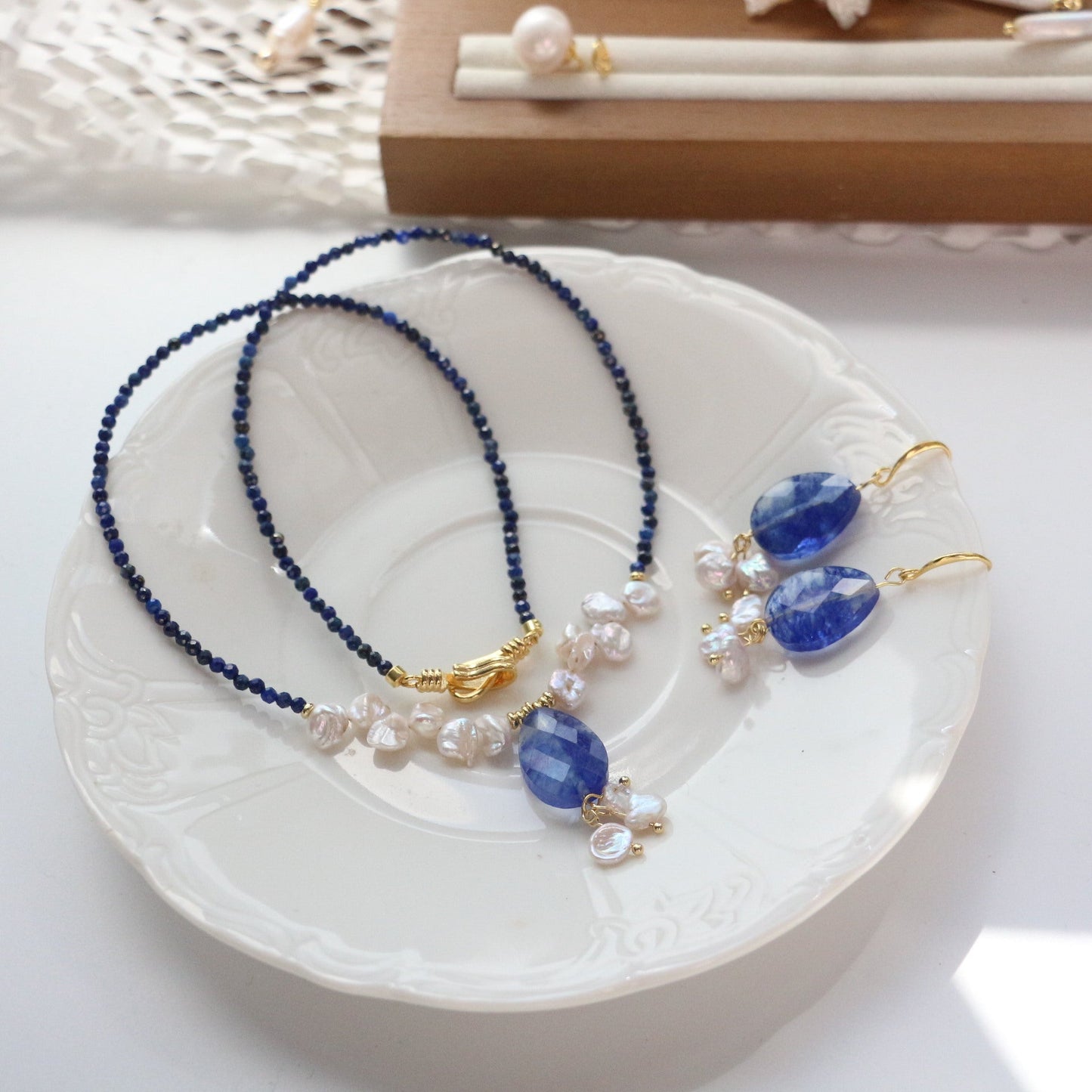 Jekira Lapis Lazuli & Petal Pearl Beaded Necklace and Earrings Set