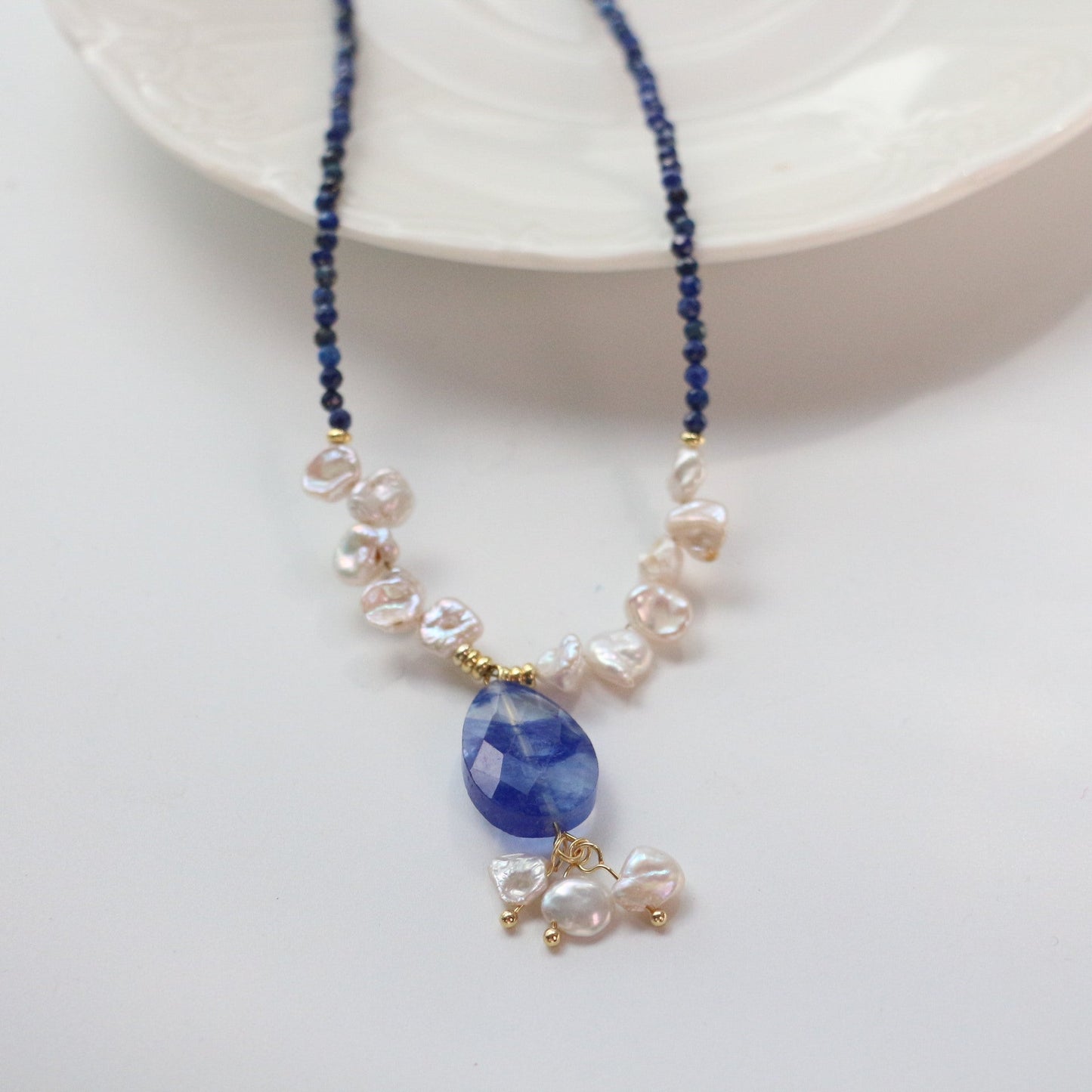 Jekira Lapis Lazuli & Petal Pearl Beaded Necklace and Earrings Set