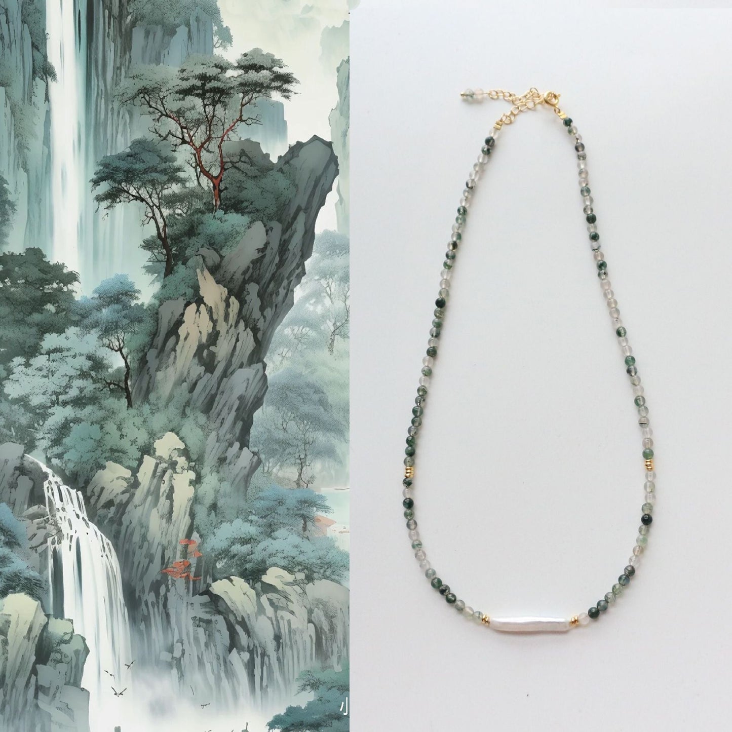 Jekira Green Agate & Baroque Pearl Necklace