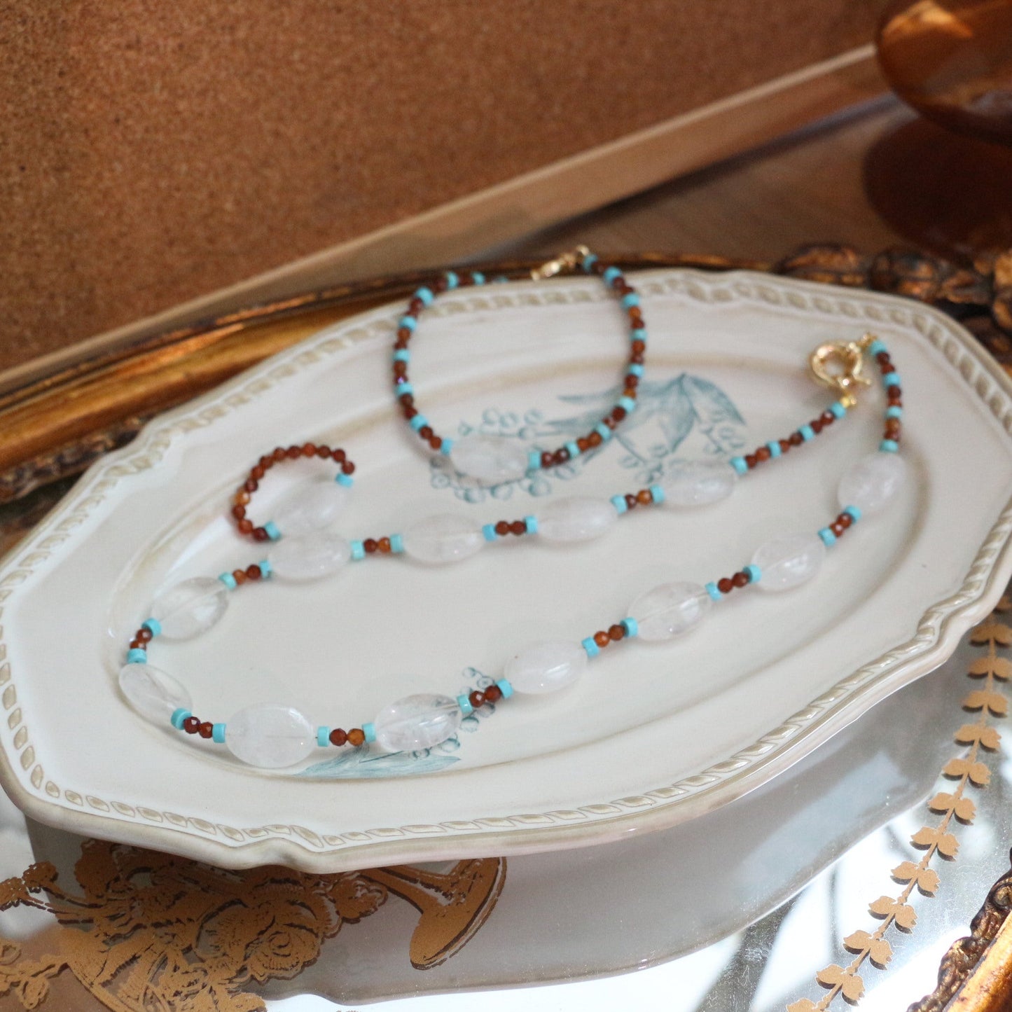 JEKIRA Oval White Quartz & Turquoise Bead Trio Set with Spessartine Garnet