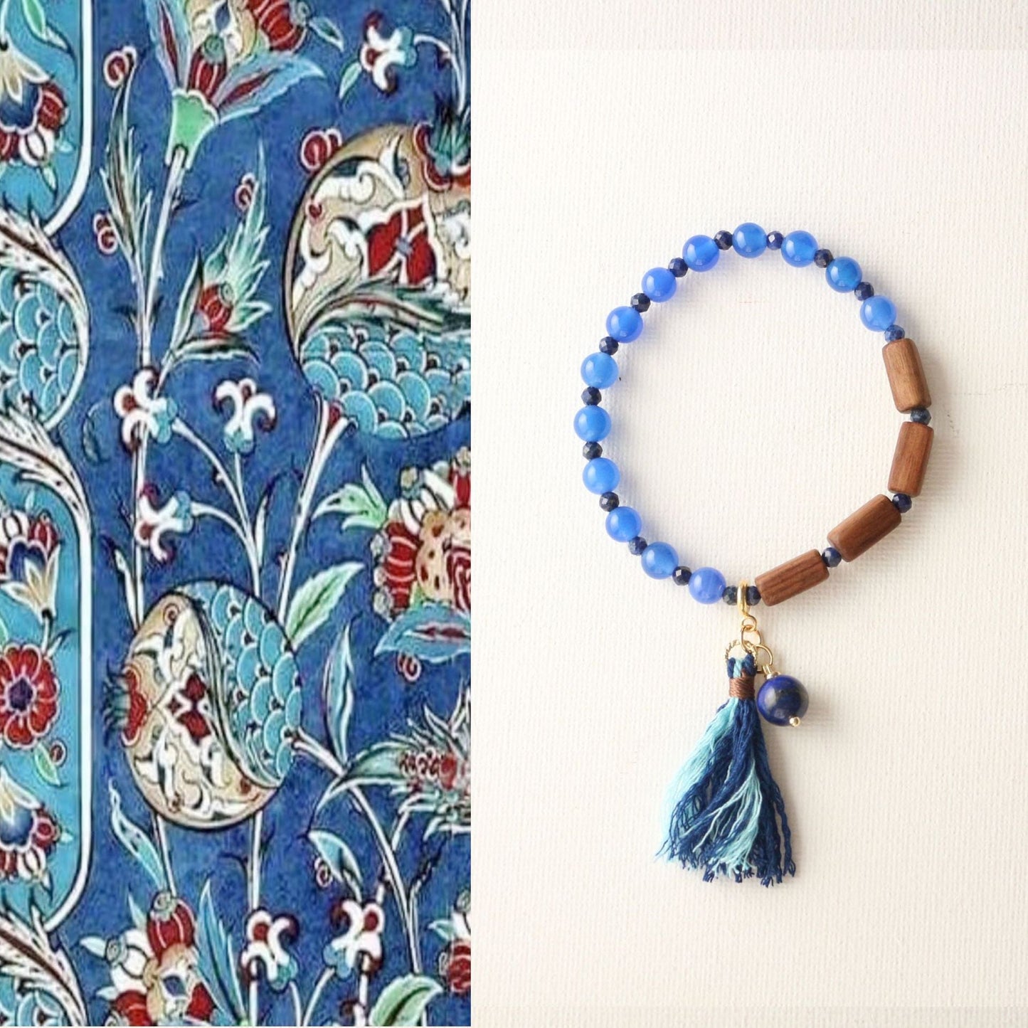Jekira Blue Agate Lapis Lazuli Wood Bead Tassel Elastic Bracelet