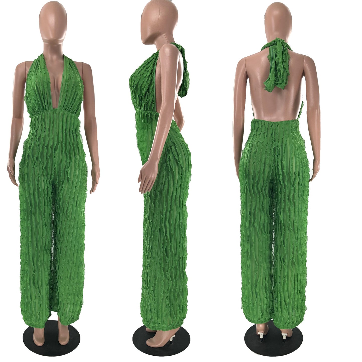 CM.YAYA Fashion Women Wave Ruffles Halter Deep V-neck Backless Sleeveless Wide Leg Jumpsuit 2023 Sexy Party Club Romper Playsuit