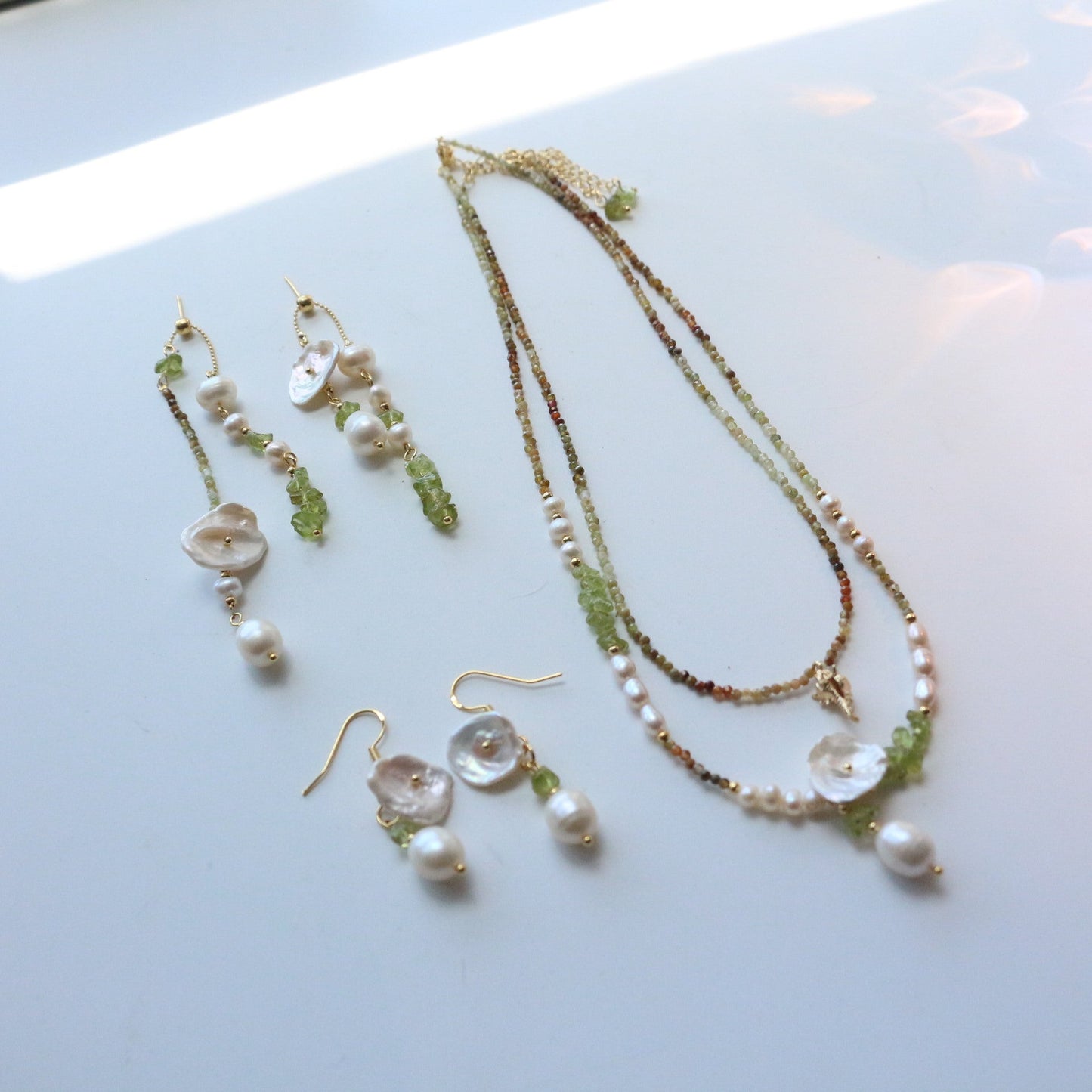 Jekira Green Gemstone & Baroque Pearl Jewelry Set (Necklace+Earrings)