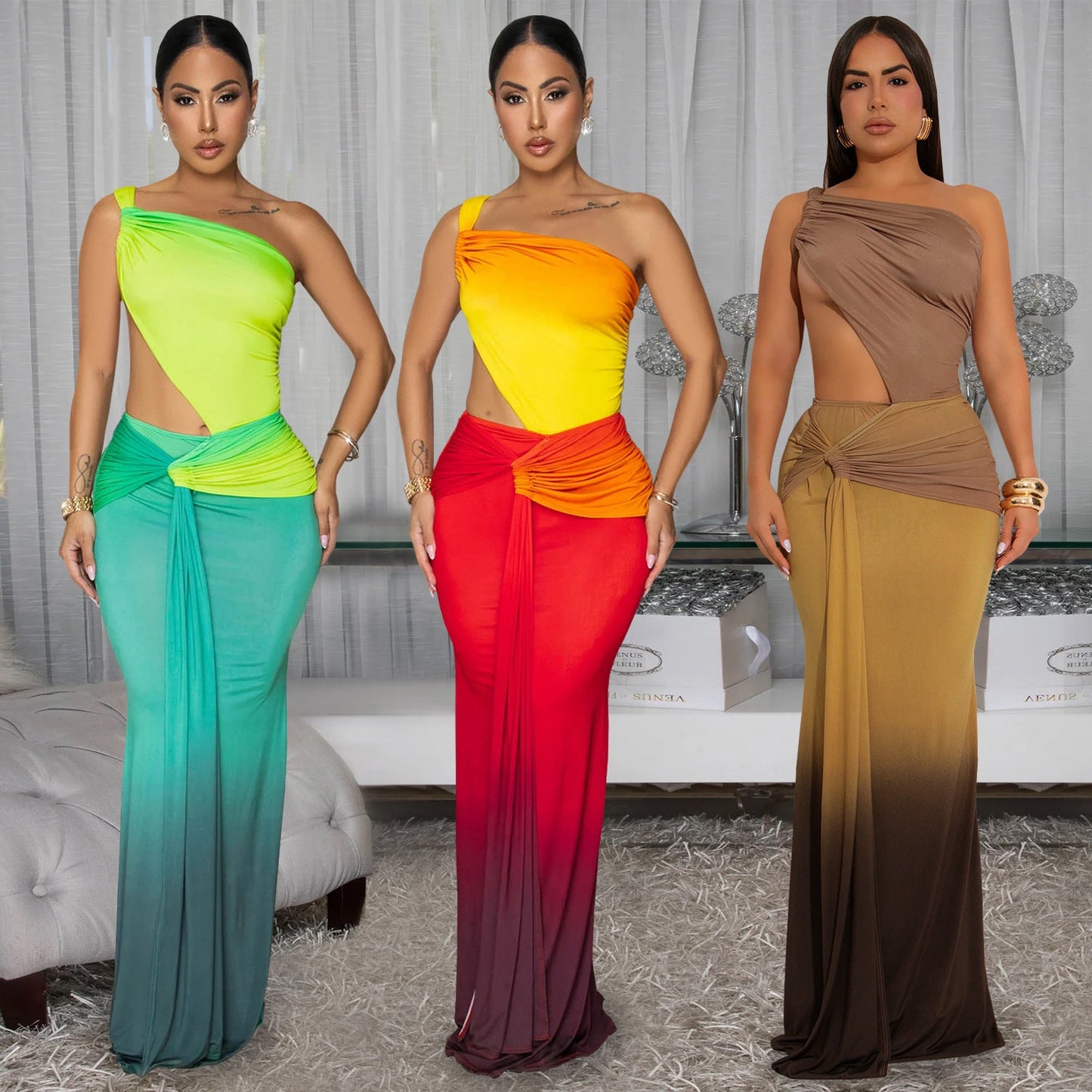 Summer Sexy Cross-shoulder Bag Arm Gradient Dress