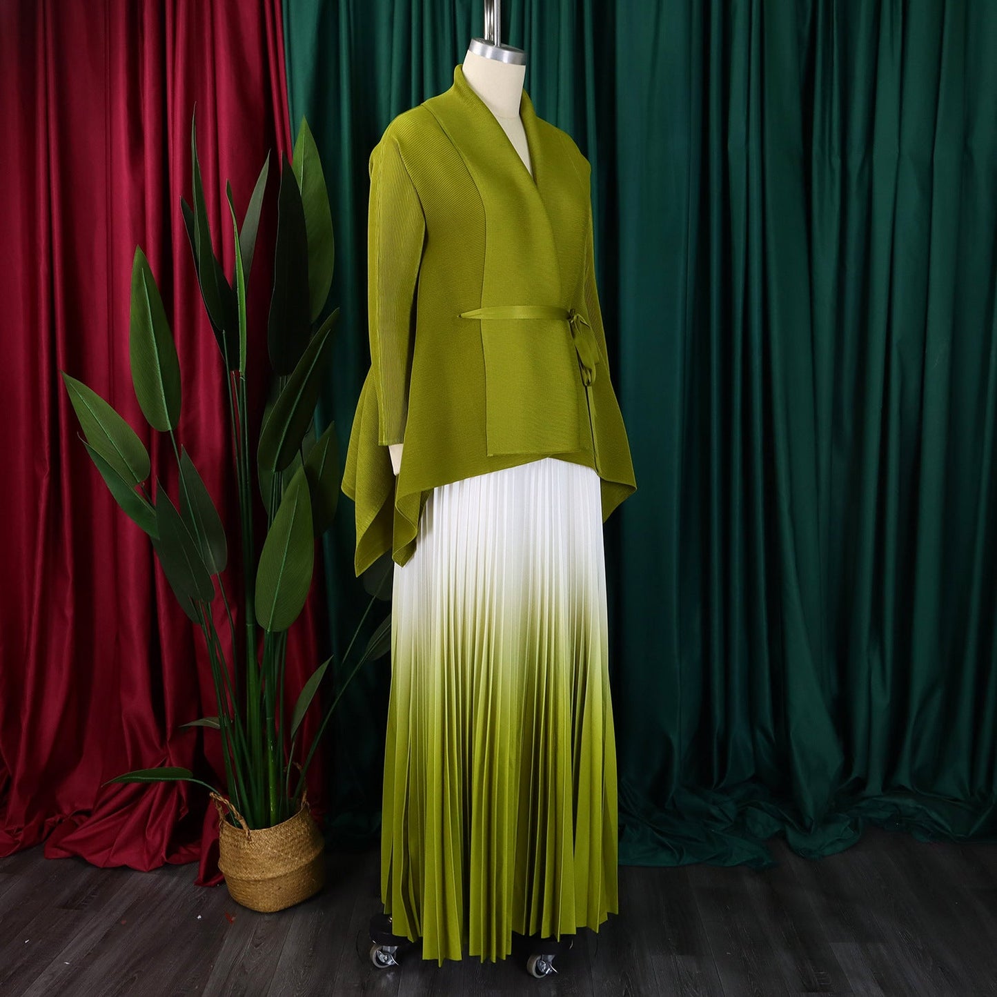 CM.YAYA Gradient Women's Set Full Sleeve Belt Blouse Shirt and Pleated Long Skirts Suit Street Two 2 Piece Set Outfit Tracksuit