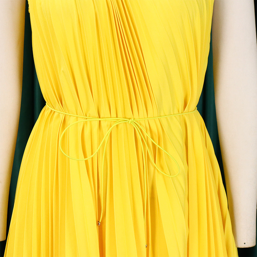 CM.YAYA Women One Shoulder Sleeveless Big Swing Pleated Knee Length Dress 2023 Fashion Street Vestidos Sexy Chic Dresses