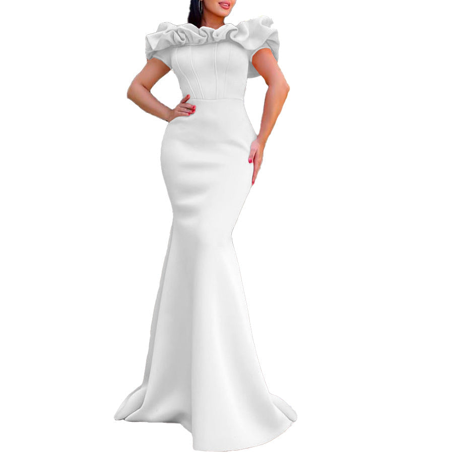 Elegant Women Long Evening Dresses Ruched Off Shoulder Slim Bodycon Mermiad White Dress Formal Party Wedding Guest Gown