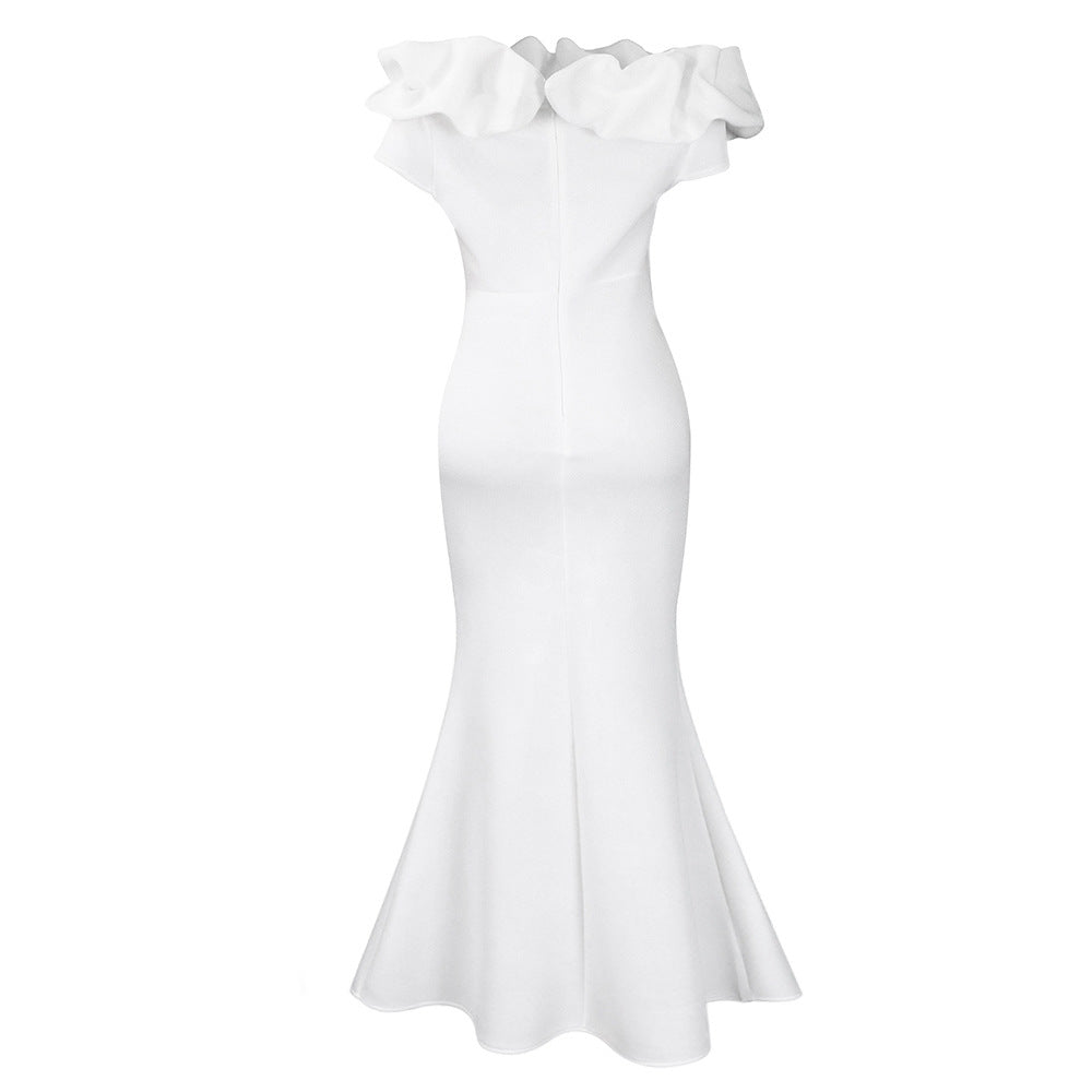 Elegant Women Long Evening Dresses Ruched Off Shoulder Slim Bodycon Mermiad White Dress Formal Party Wedding Guest Gown