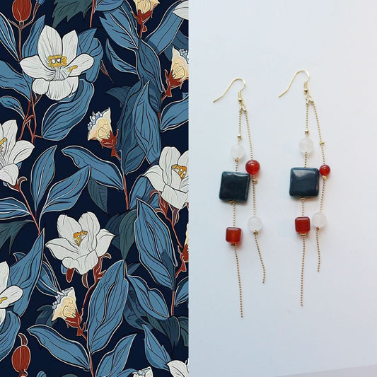Jekira Long Tassel Earrings with Blue Gemstone, Red Agate & White Jade
