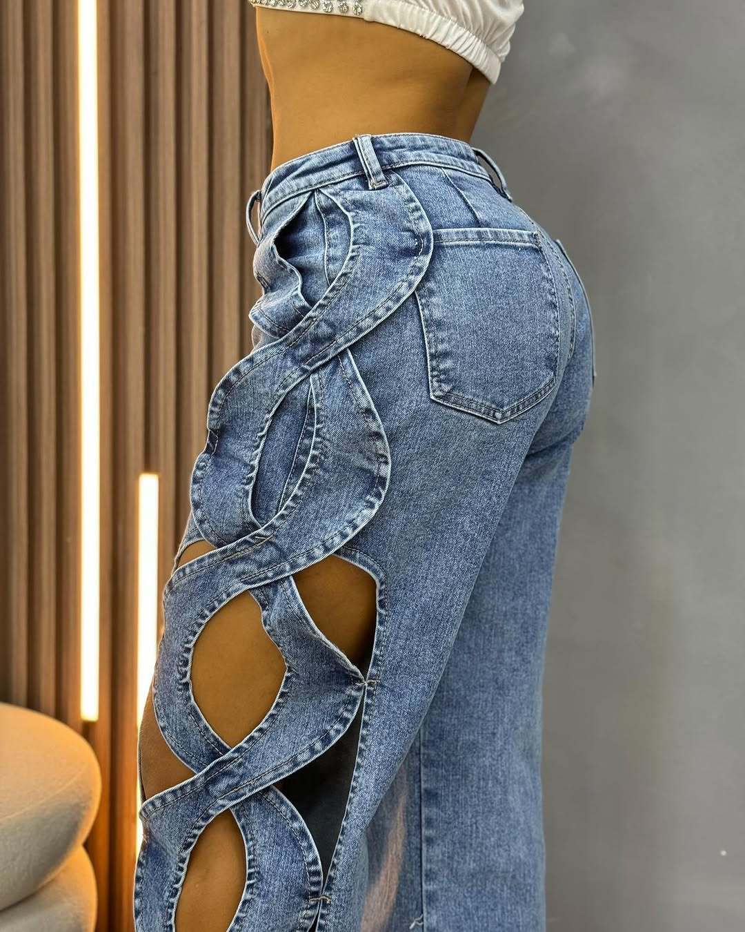 BKQU Fashion Streetwear Y2k Hollow Out Jeans Women High Waist Side Cross Cutout Wide Leg Blue Denim Pants Elegant Party Jean2025