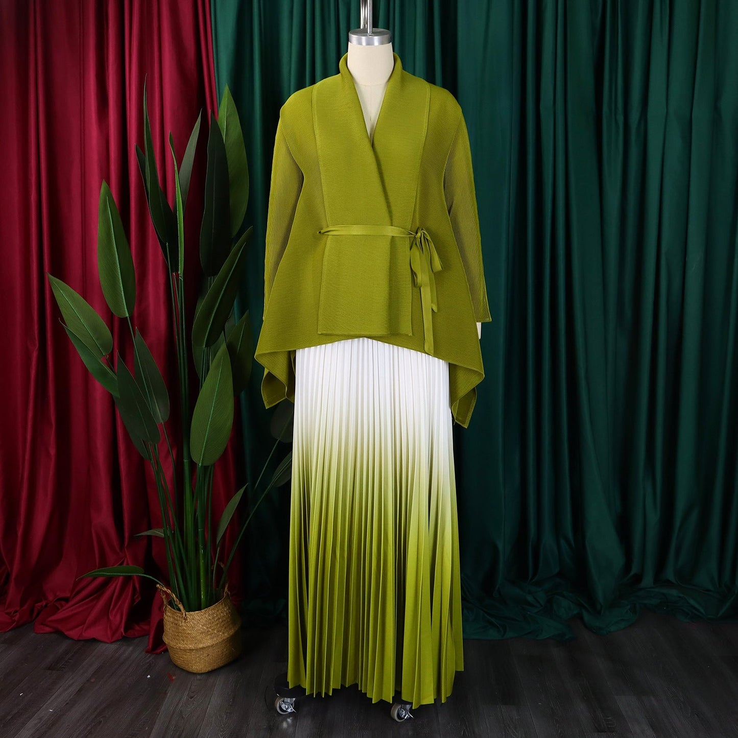 CM.YAYA Gradient Women's Set Full Sleeve Belt Blouse Shirt and Pleated Long Skirts Suit Street Two 2 Piece Set Outfit Tracksuit