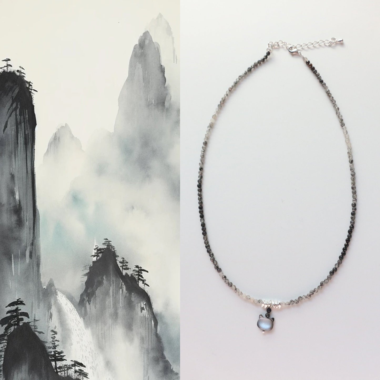 JEKIRA Black Crystal & Shell Cat Pendant Necklace Set