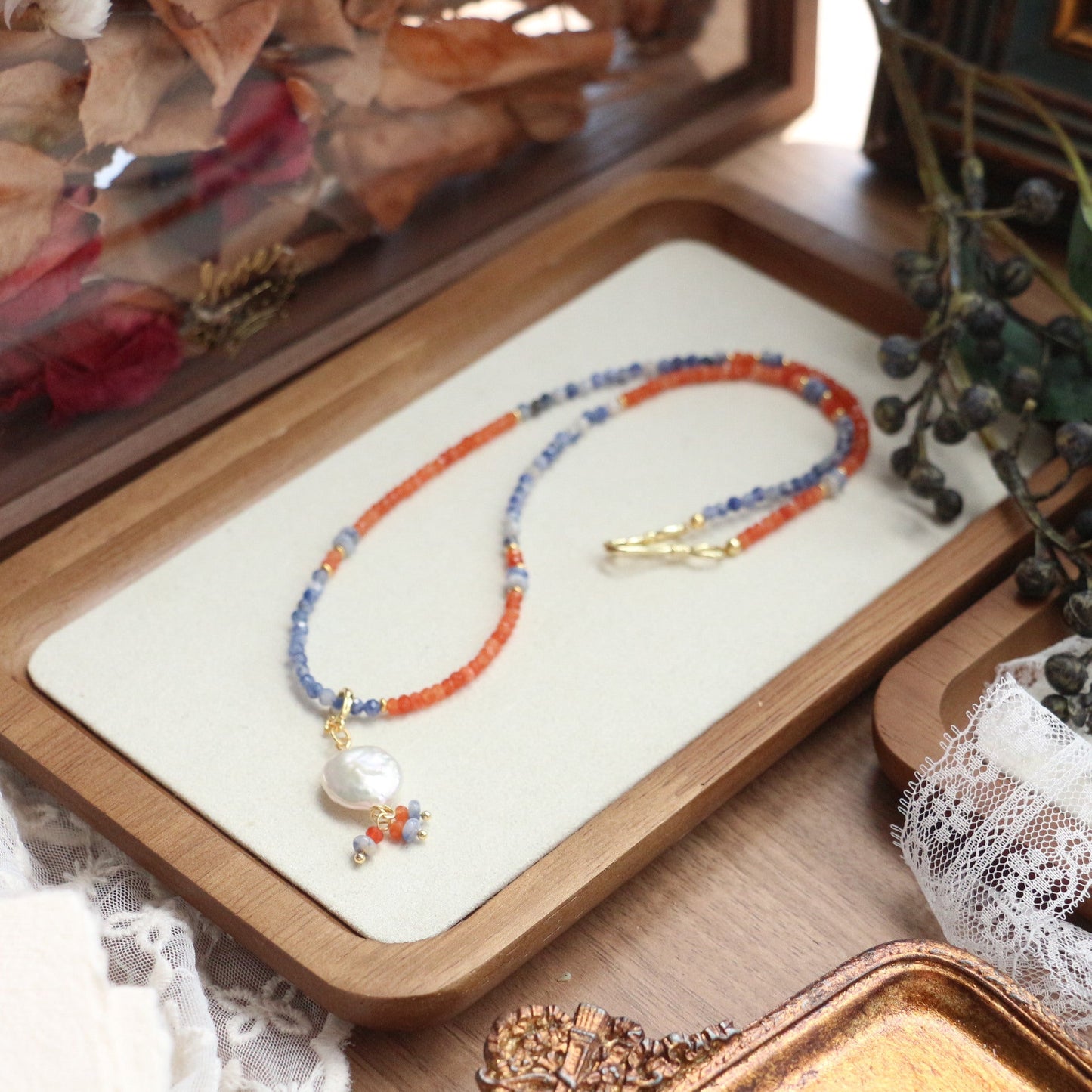 Jekira Vintage Orange & Blue Gemstone Baroque Pearl Necklace