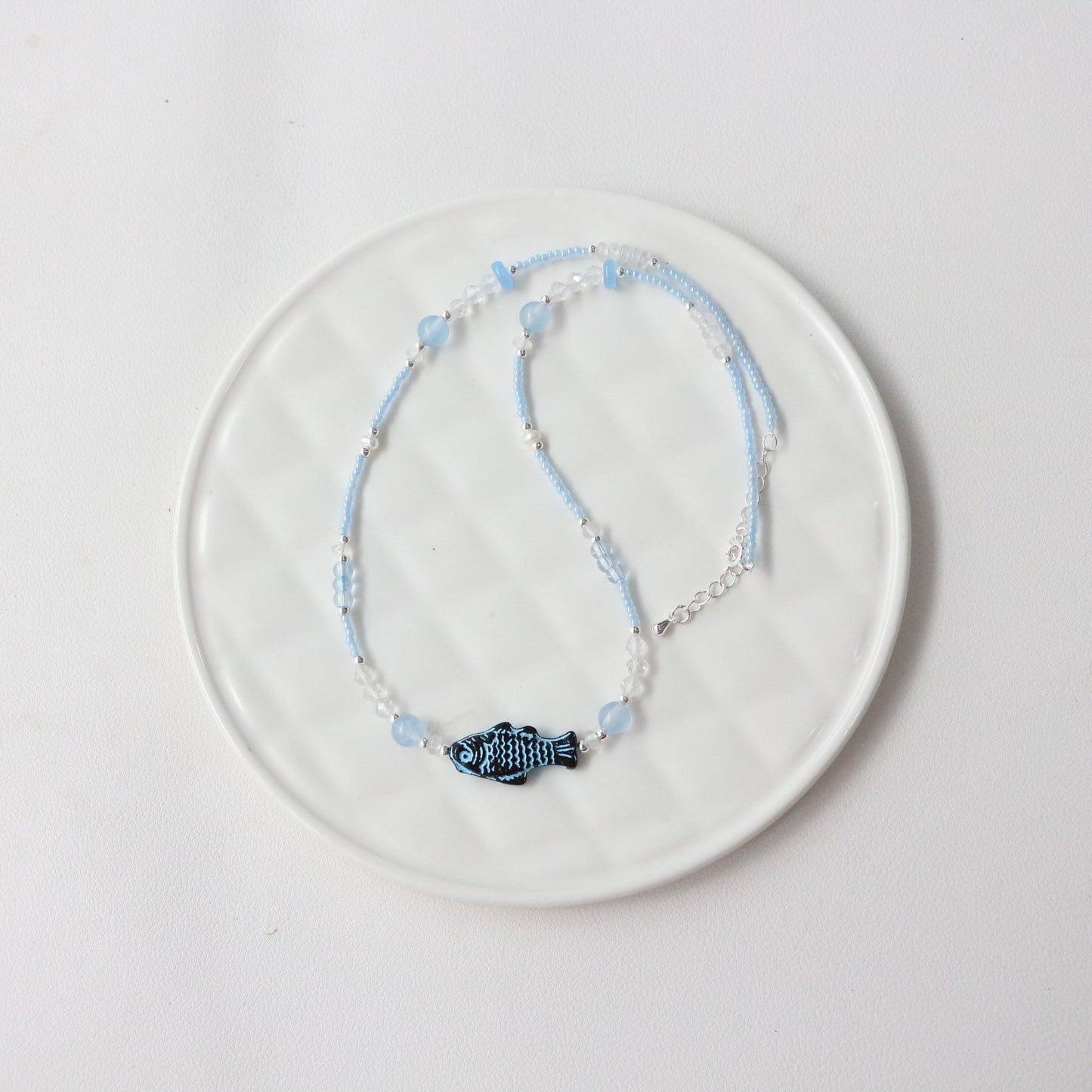 JEKIRA Light Blue Czech Bead Necklace – Fish Pendant 40cm
