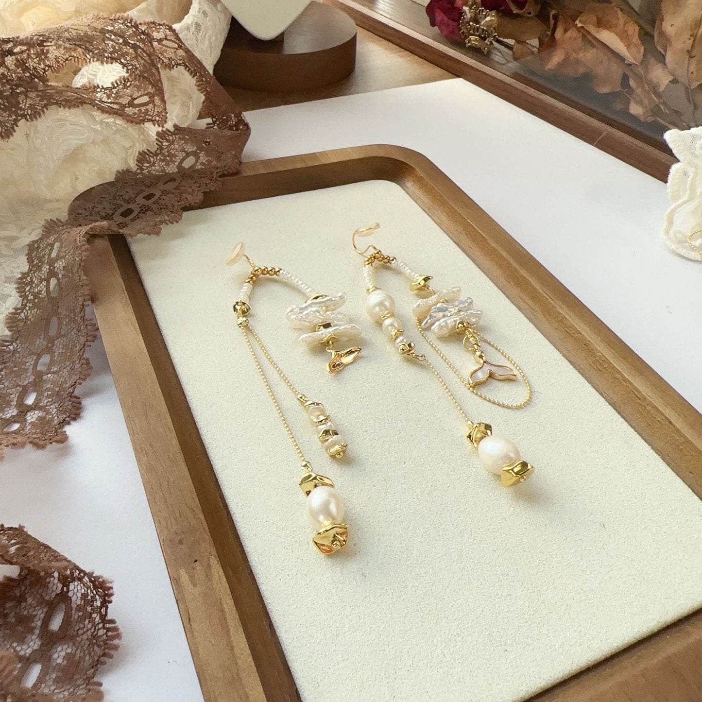 Jekira Baroque Pearl & Mermaid Tail Long Ear Clips