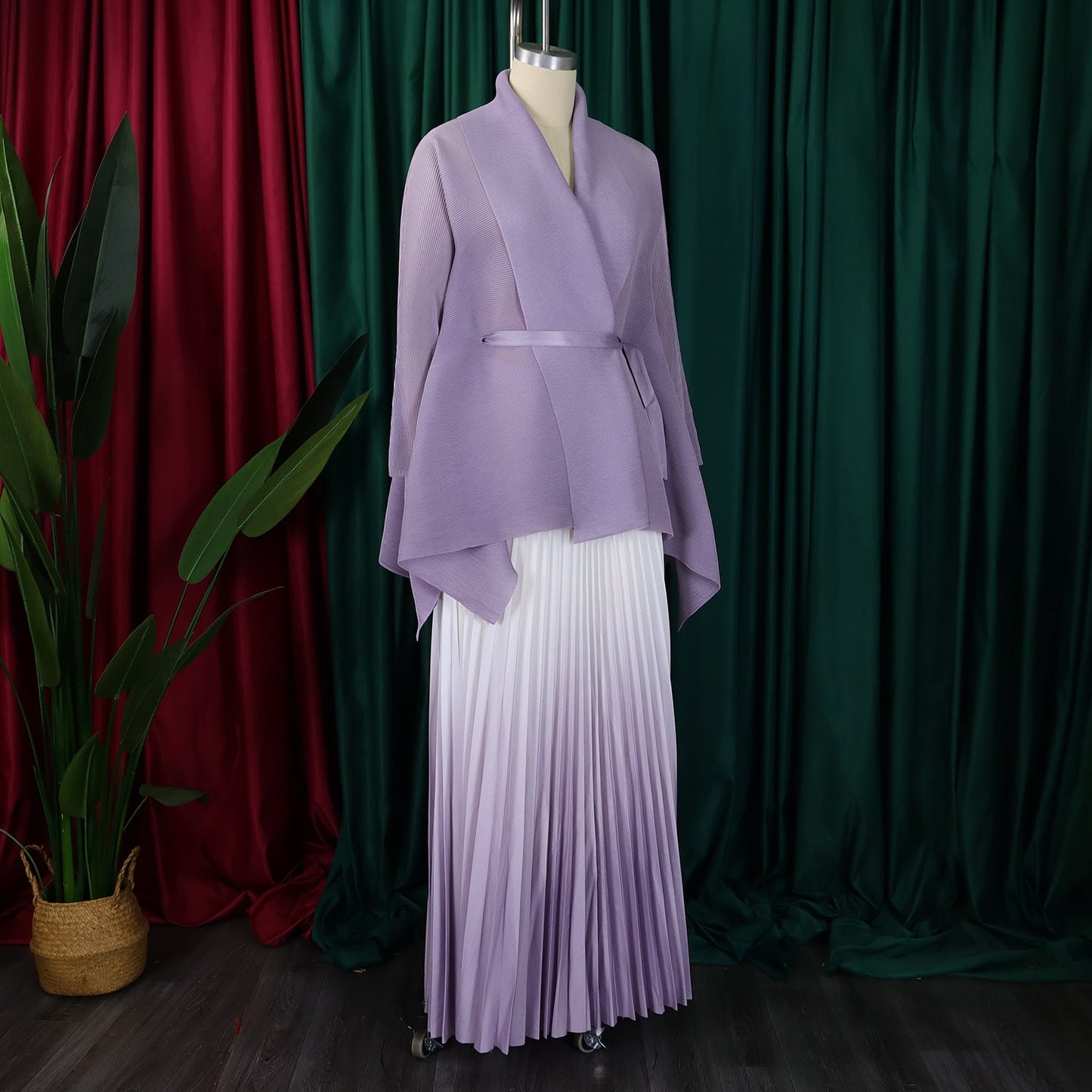CM.YAYA Gradient Women's Set Full Sleeve Belt Blouse Shirt and Pleated Long Skirts Suit Street Two 2 Piece Set Outfit Tracksuit