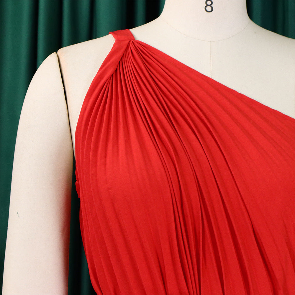 CM.YAYA Women One Shoulder Sleeveless Big Swing Pleated Knee Length Dress 2023 Fashion Street Vestidos Sexy Chic Dresses