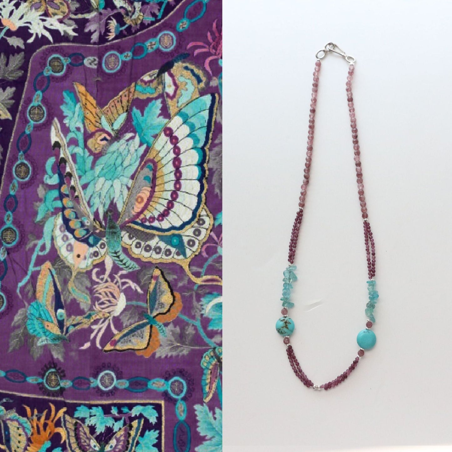 Jekira Lavender Stone & Turquoise Silver Necklace Set with 999 Pure Silver Lock Pendant