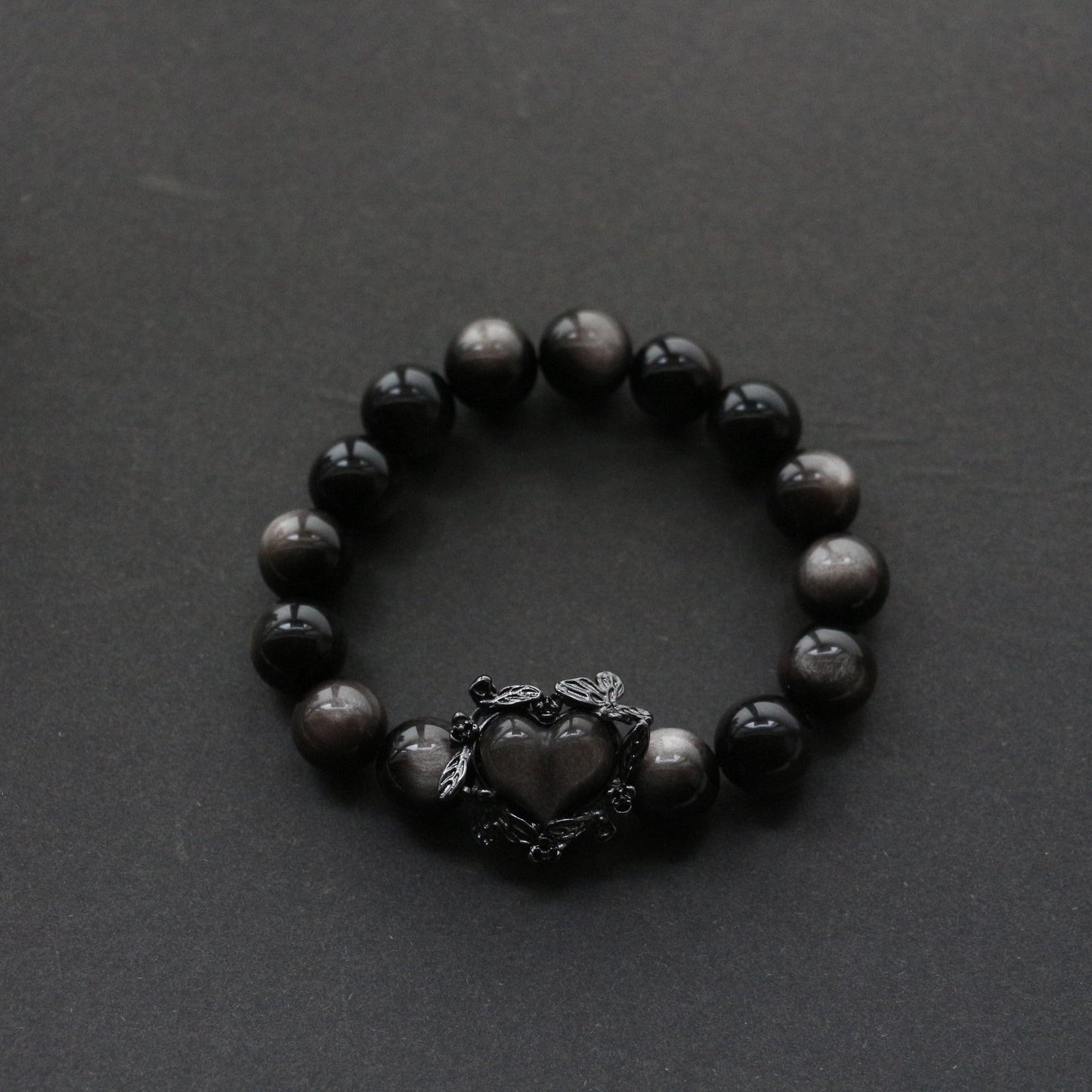Jekira Obsidian Bracelet with Black Heart & Rose Detail