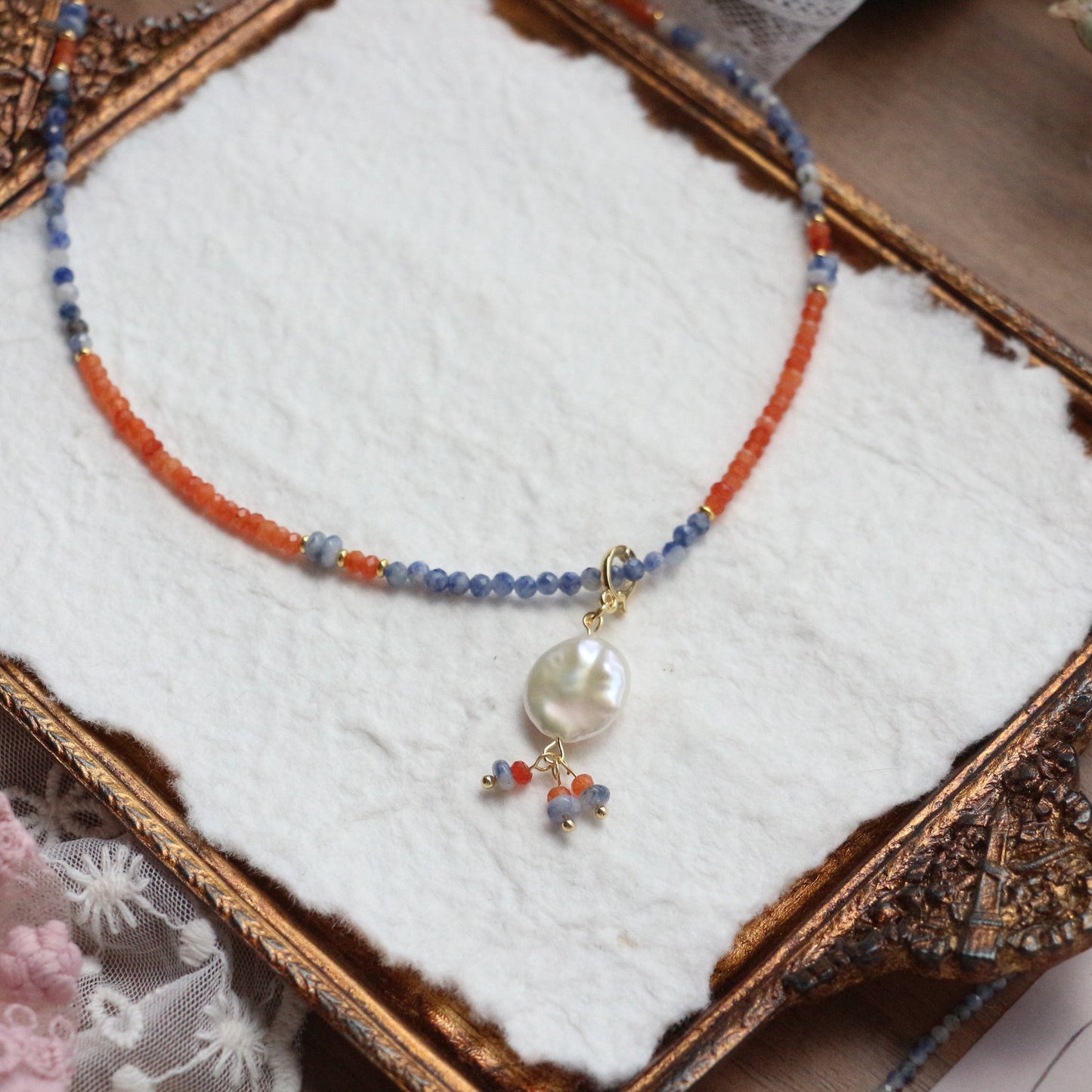 Jekira Vintage Orange & Blue Gemstone Baroque Pearl Necklace