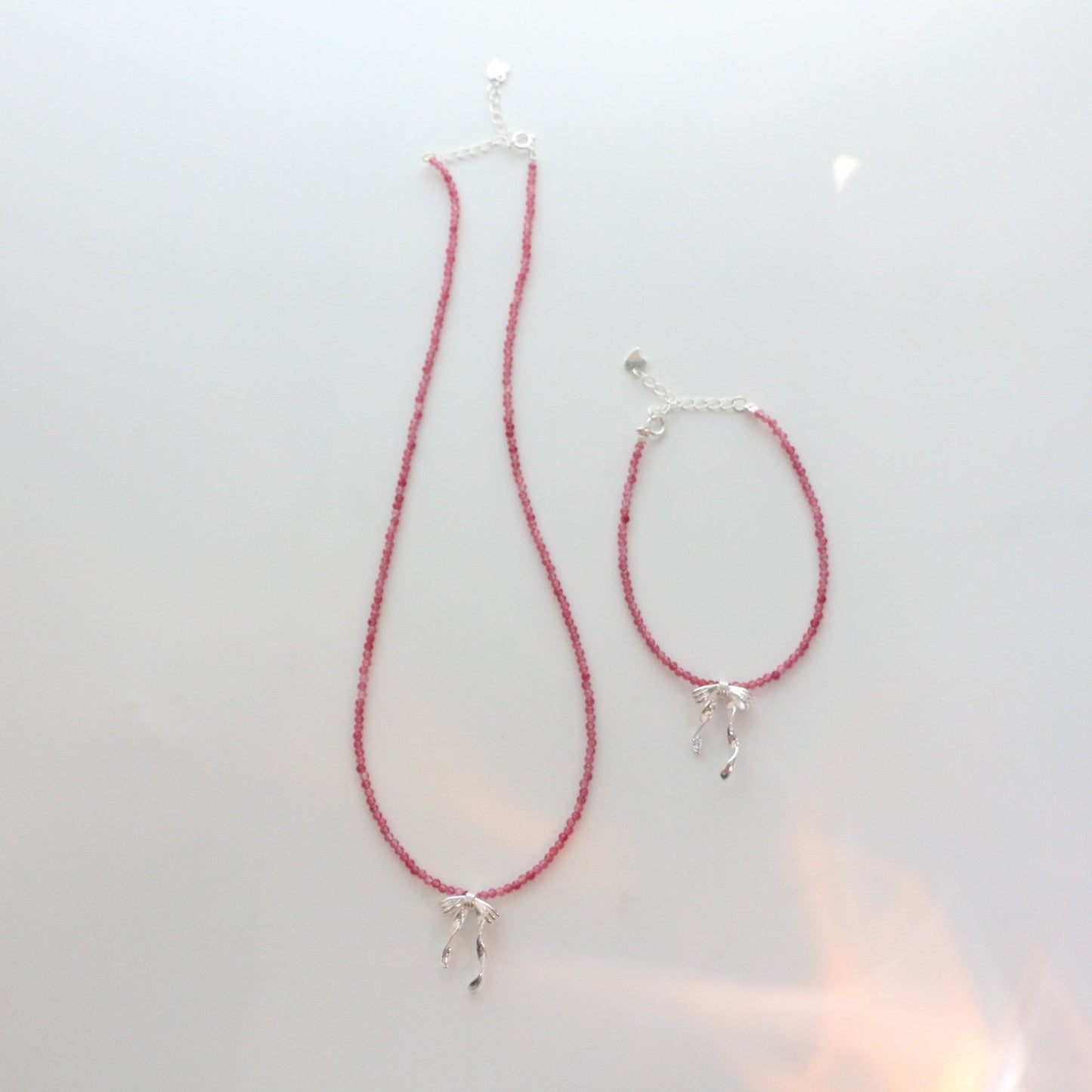 Jekira 2mm Pink Tourmaline & Sterling Silver Bow Necklace + Bracelet Set