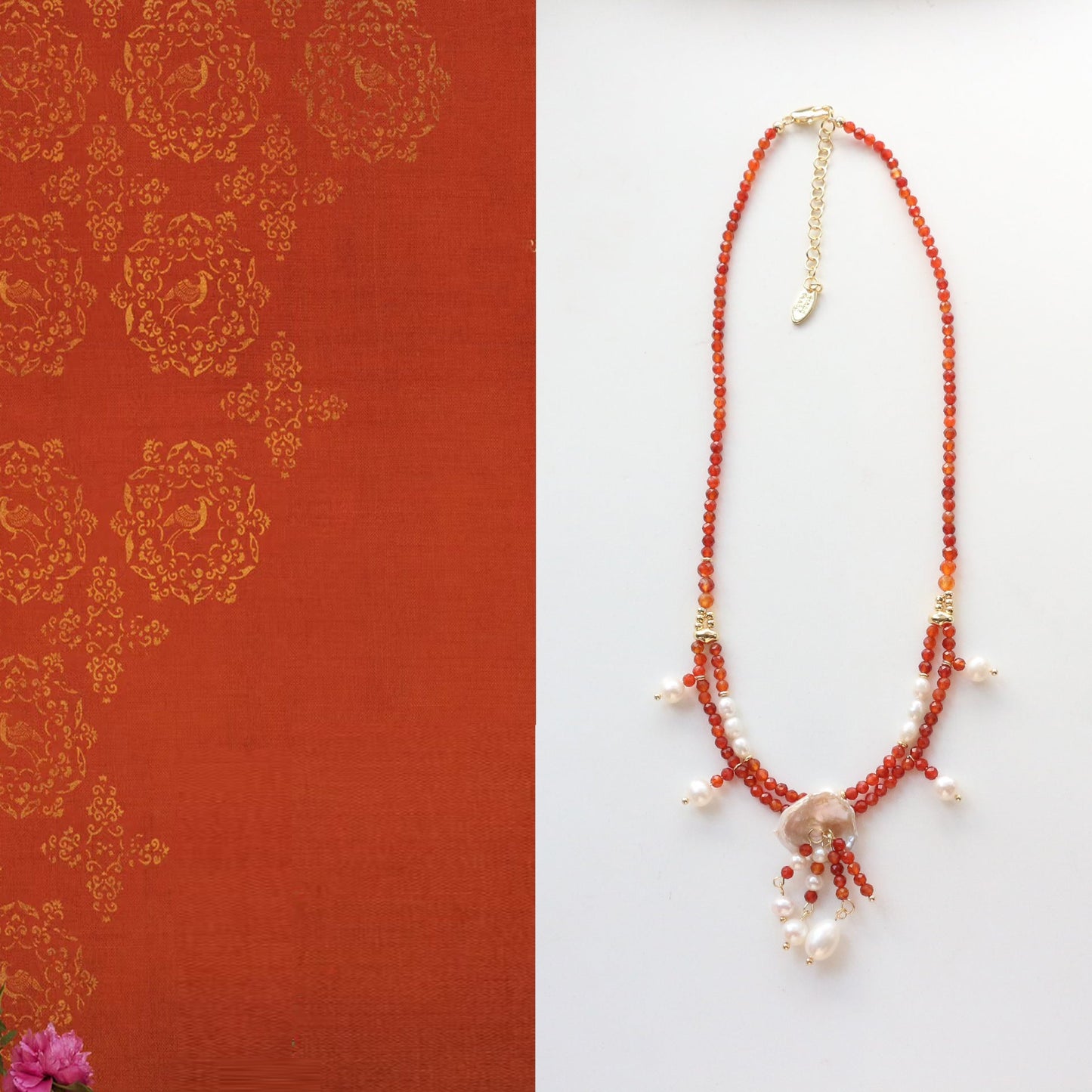 Jekira Red Agate & Baroque Pearl Double-Layer Necklace