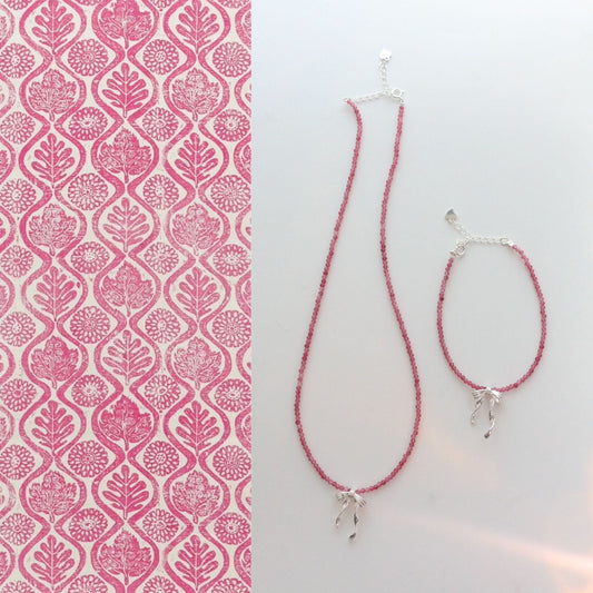 Jekira 2mm Pink Tourmaline & Sterling Silver Bow Necklace + Bracelet Set