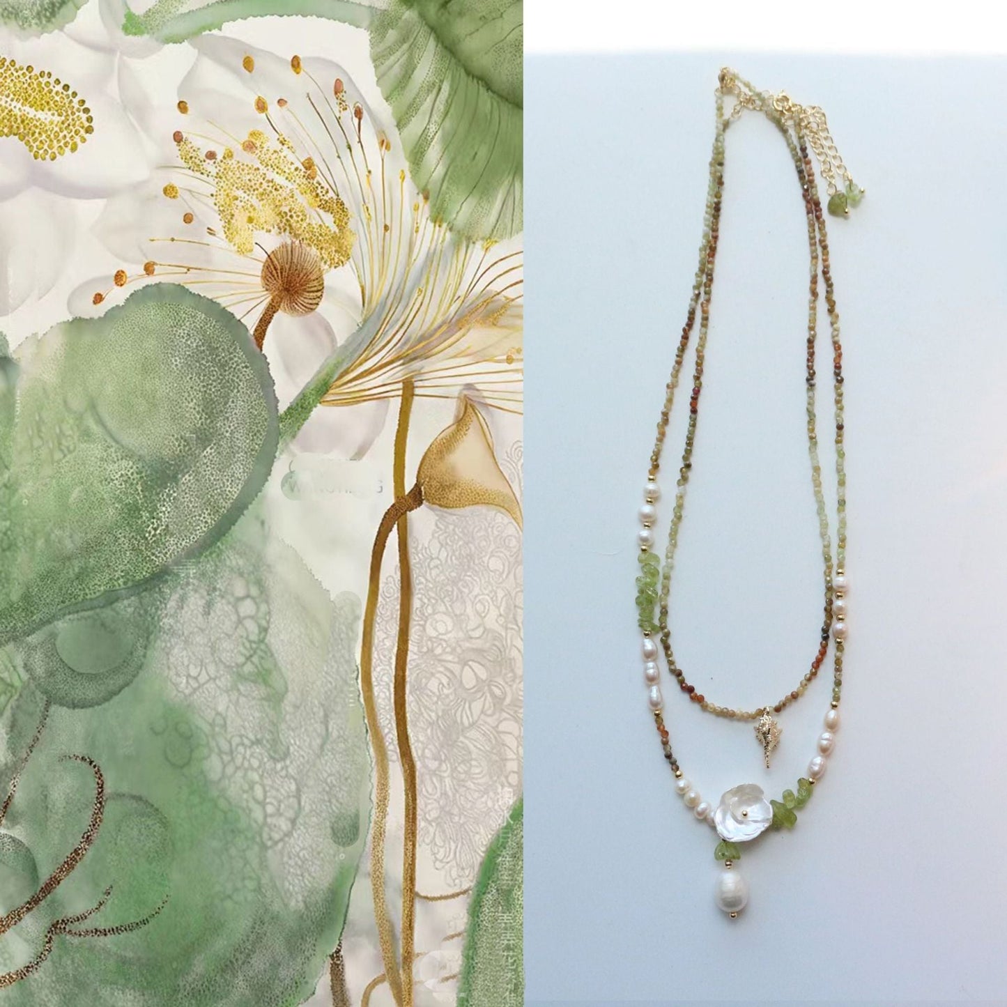 Jekira Green Gemstone & Baroque Pearl Jewelry Set (Necklace+Earrings)