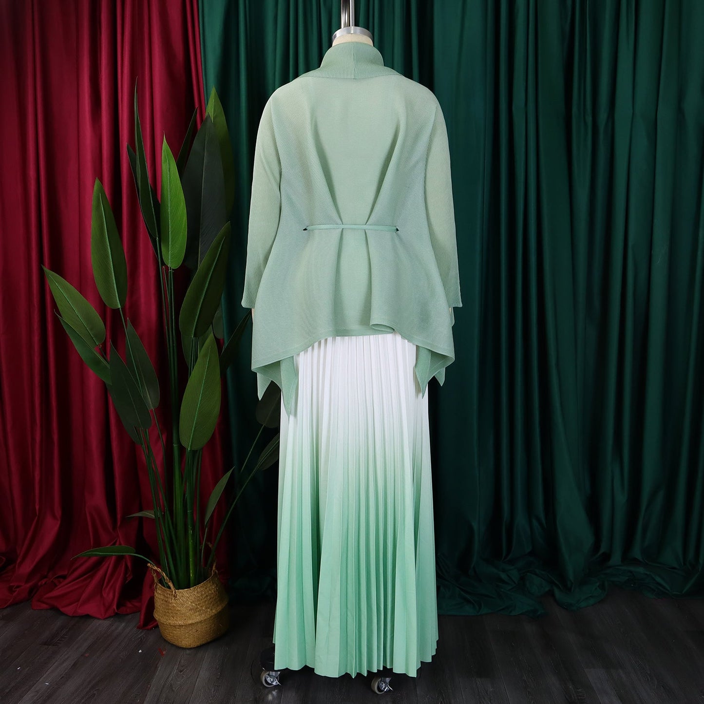 CM.YAYA Gradient Women's Set Full Sleeve Belt Blouse Shirt and Pleated Long Skirts Suit Street Two 2 Piece Set Outfit Tracksuit