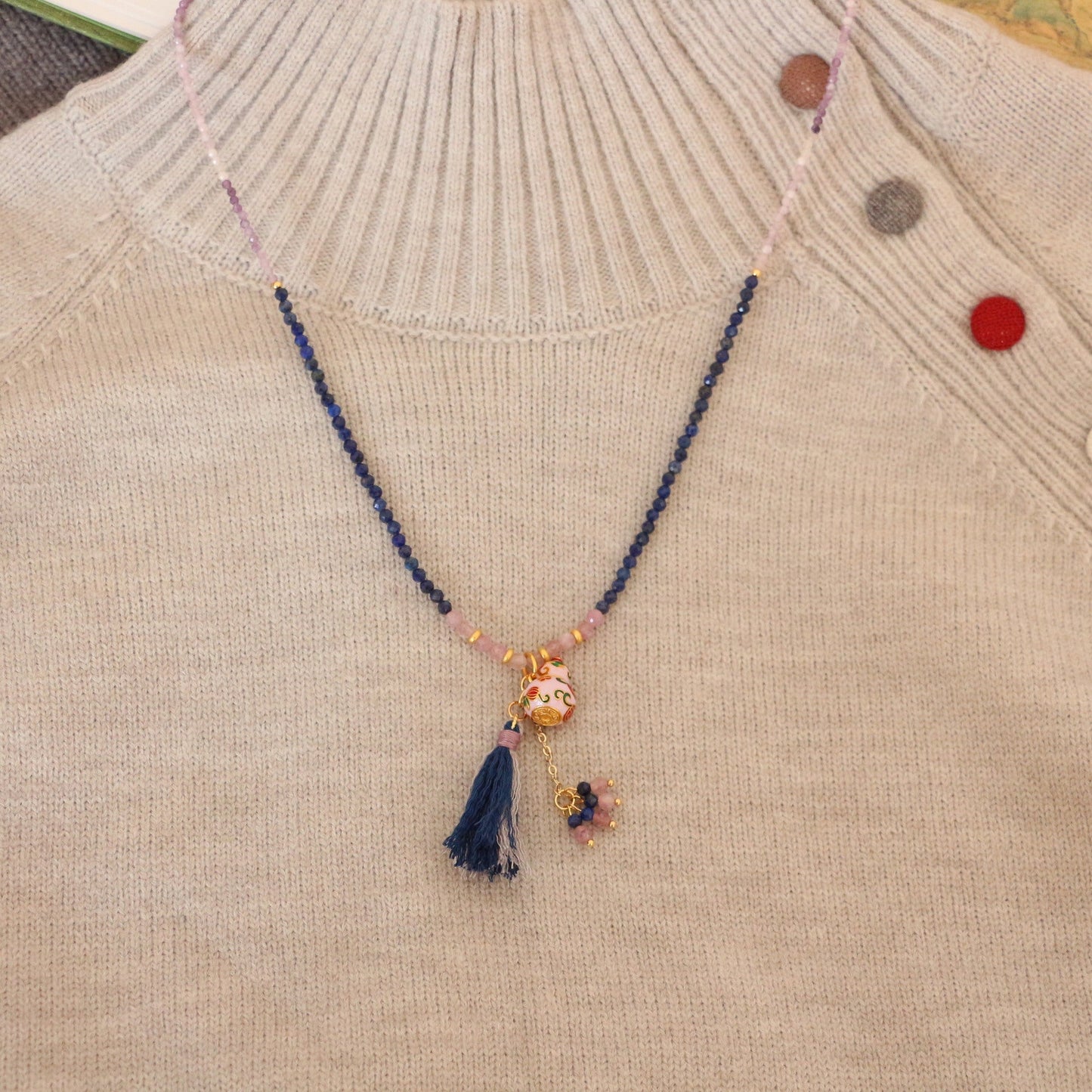 Jekira Lapis Lazuli & Amethyst Enamel Gourd Tassel Necklace – Sand Gold Luxury