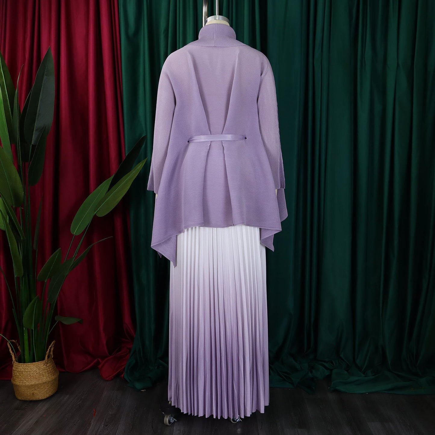 CM.YAYA Gradient Women's Set Full Sleeve Belt Blouse Shirt and Pleated Long Skirts Suit Street Two 2 Piece Set Outfit Tracksuit