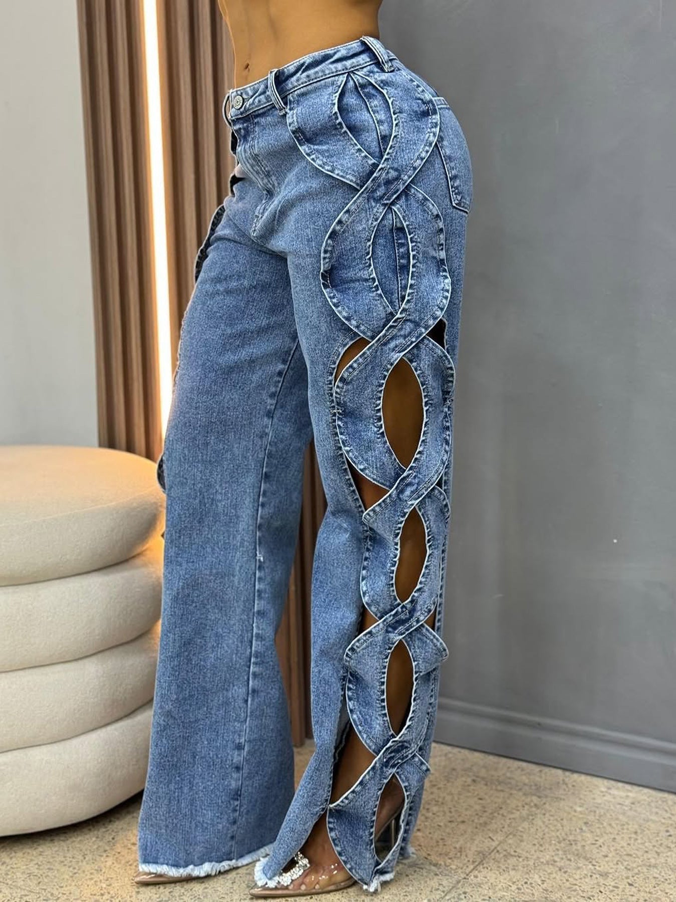 BKQU Fashion Streetwear Y2k Hollow Out Jeans Women High Waist Side Cross Cutout Wide Leg Blue Denim Pants Elegant Party Jean2025