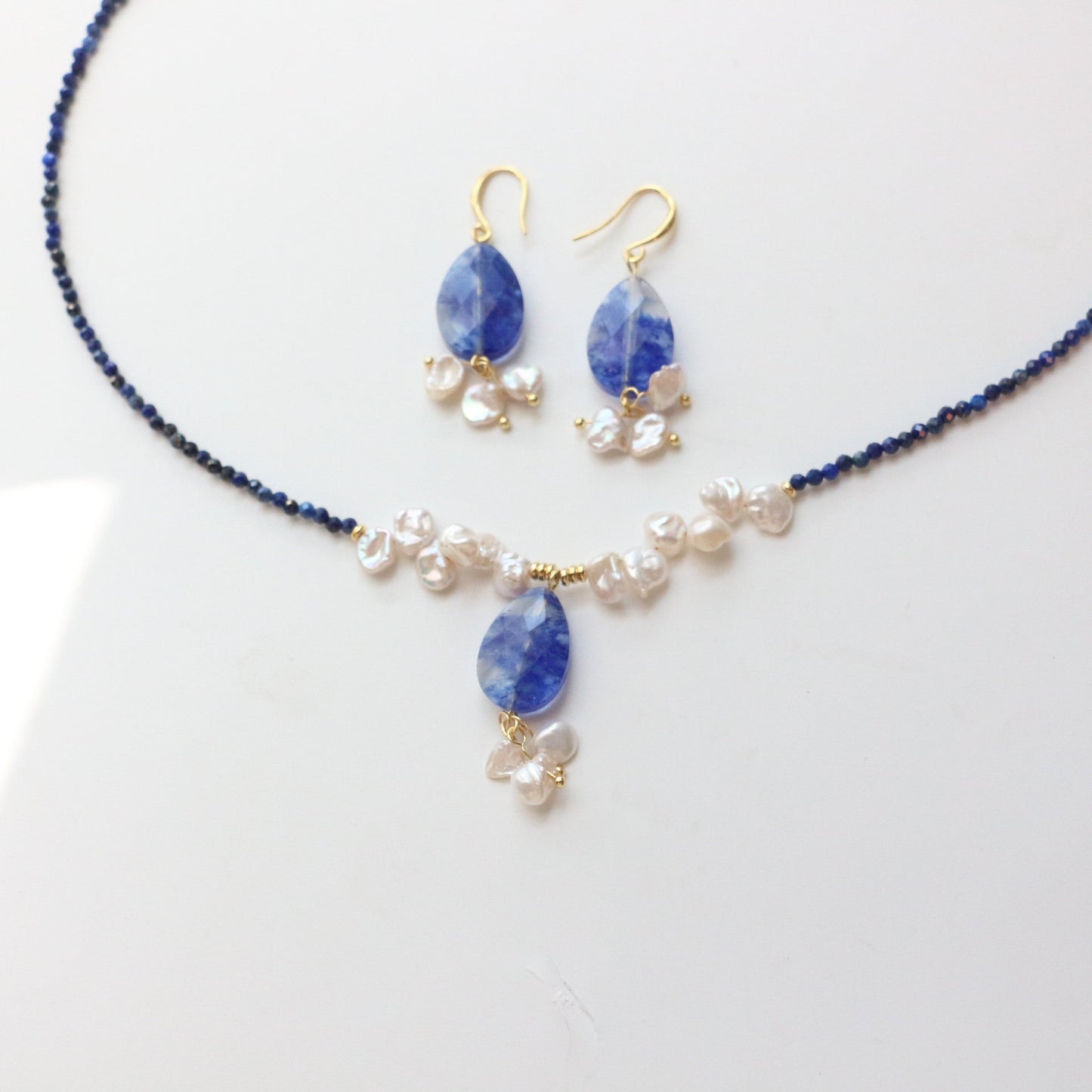 Jekira Lapis Lazuli & Petal Pearl Beaded Necklace and Earrings Set