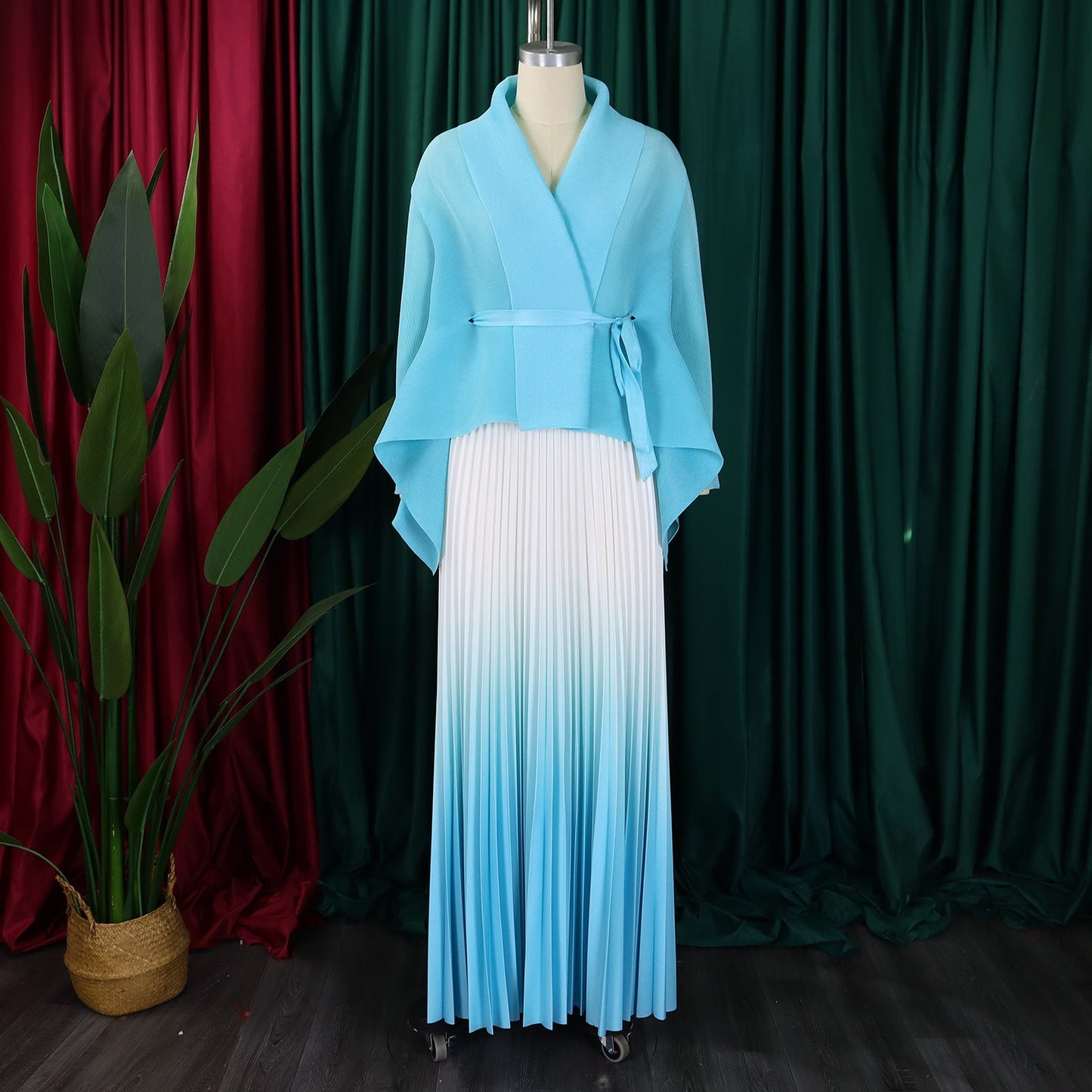 CM.YAYA Gradient Women's Set Full Sleeve Belt Blouse Shirt and Pleated Long Skirts Suit Street Two 2 Piece Set Outfit Tracksuit