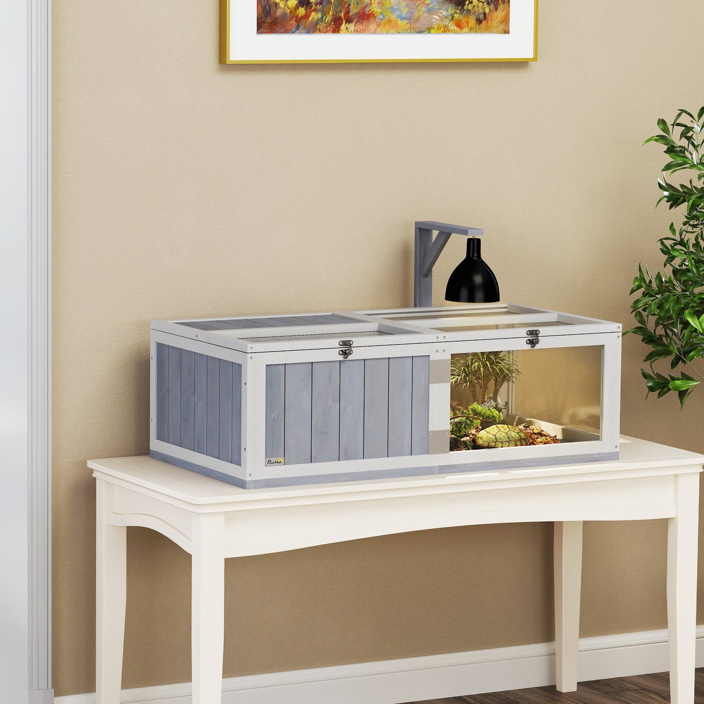 PawHut Wooden Tortoise House with Lamp Holder, Clear Observation Windows
