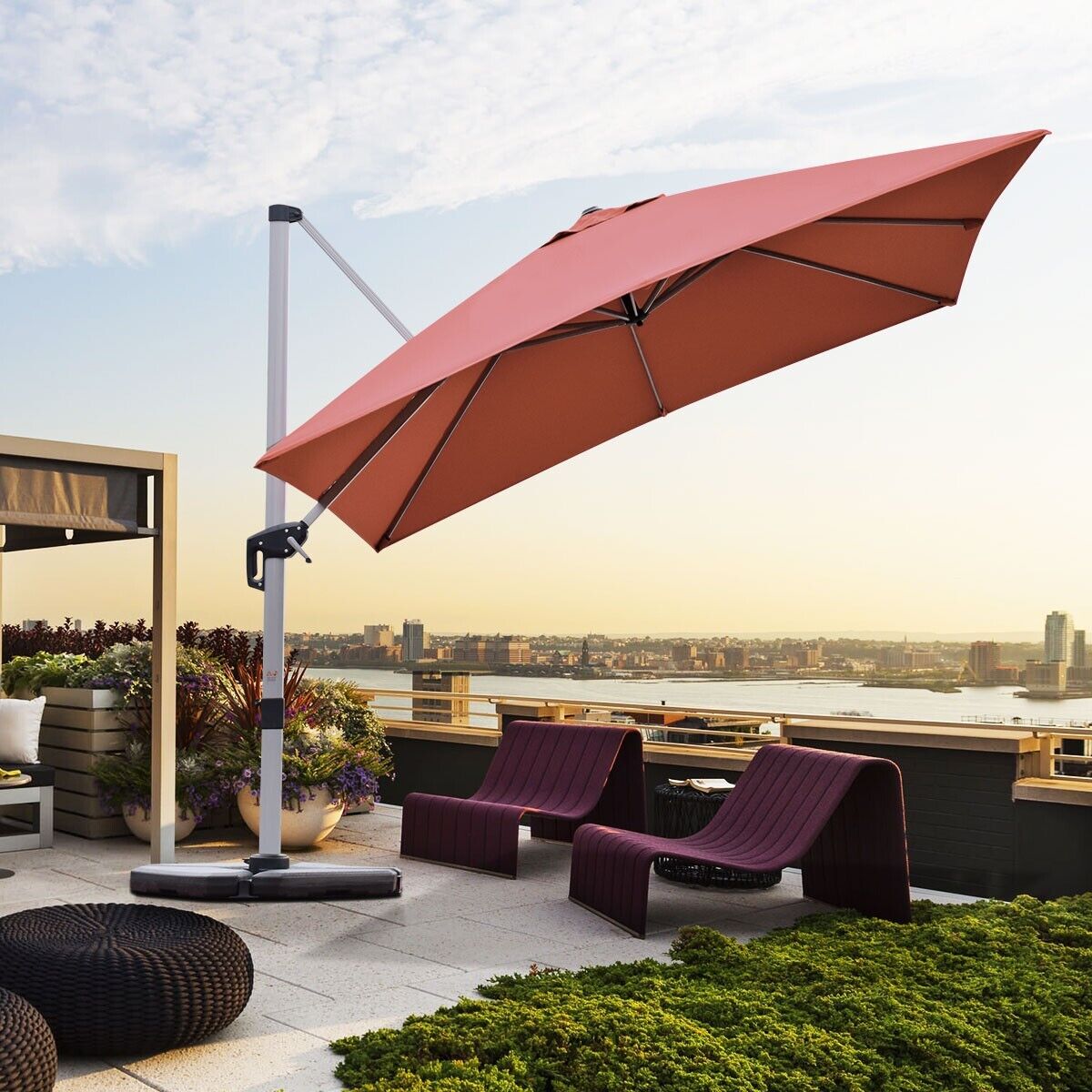 3m Cantilever Garden Parasol with Tilted Design and 360° Rotation-Beige