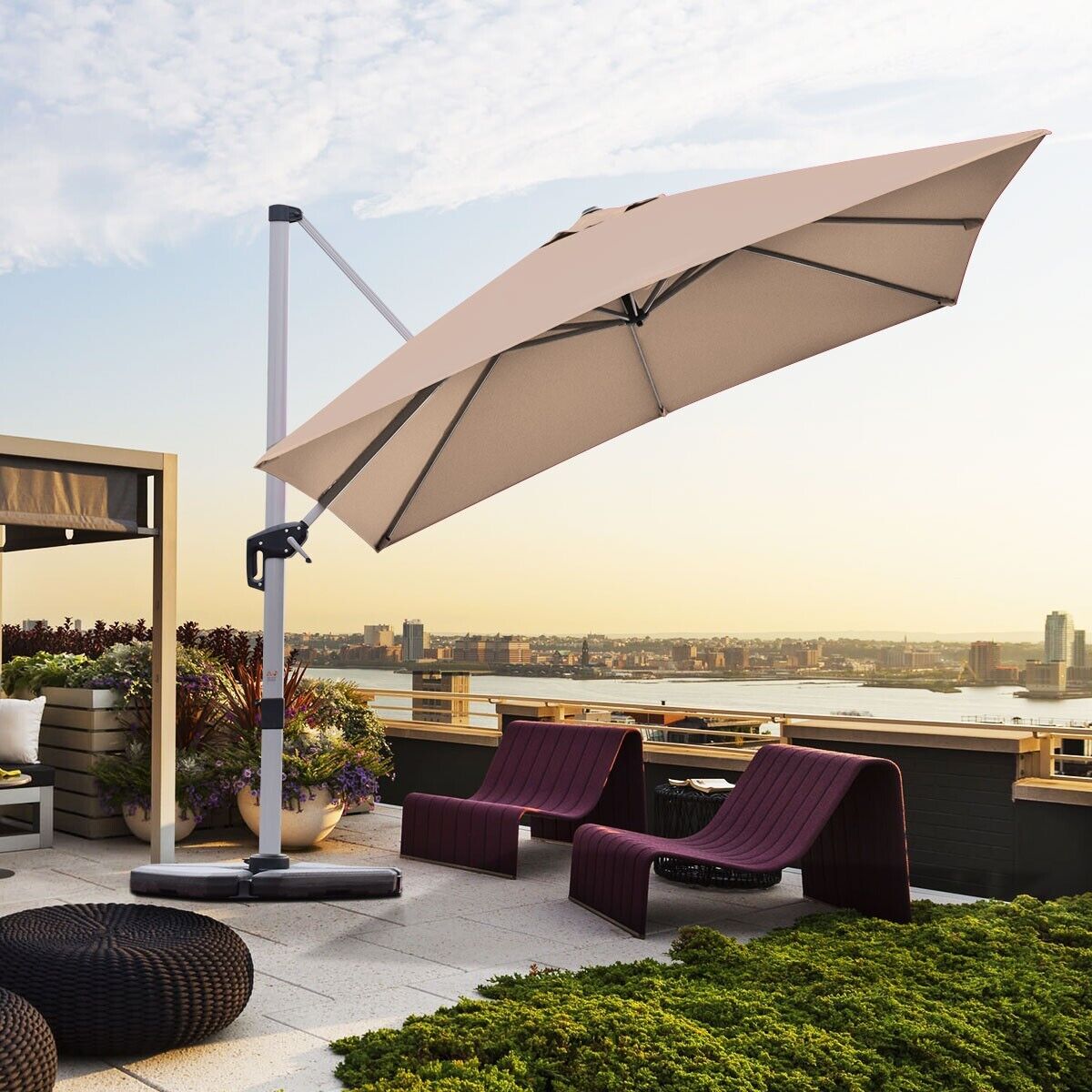 3m Cantilever Garden Parasol with Tilted Design and 360° Rotation-Beige