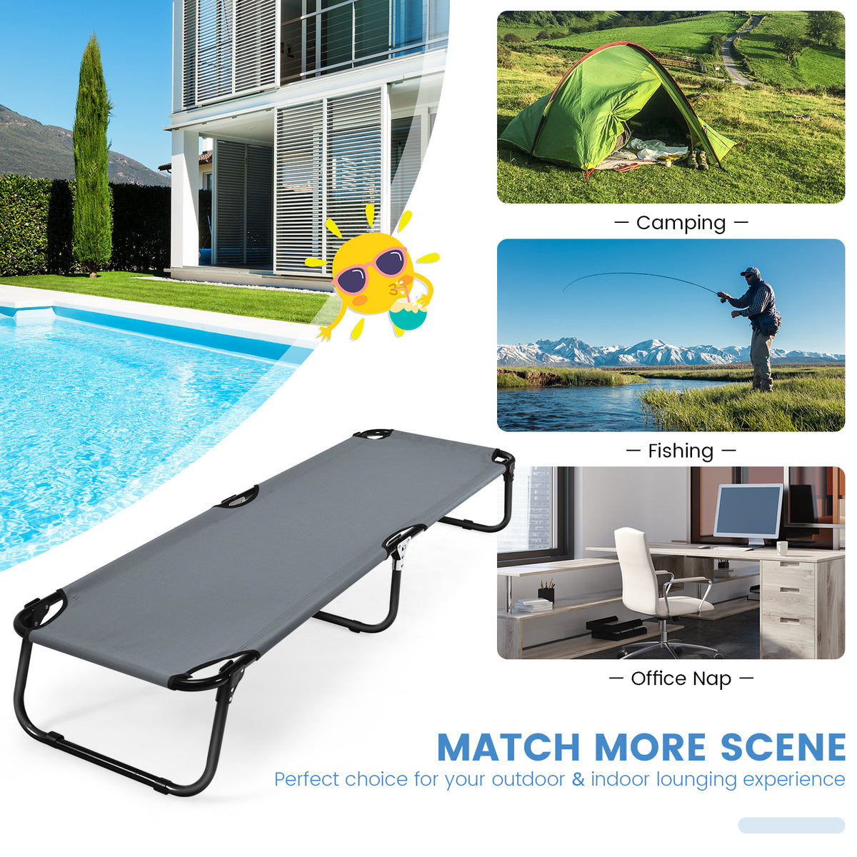 Folding Camping Bed with Non-slip Feet for Travel Patio Beach-Blue
