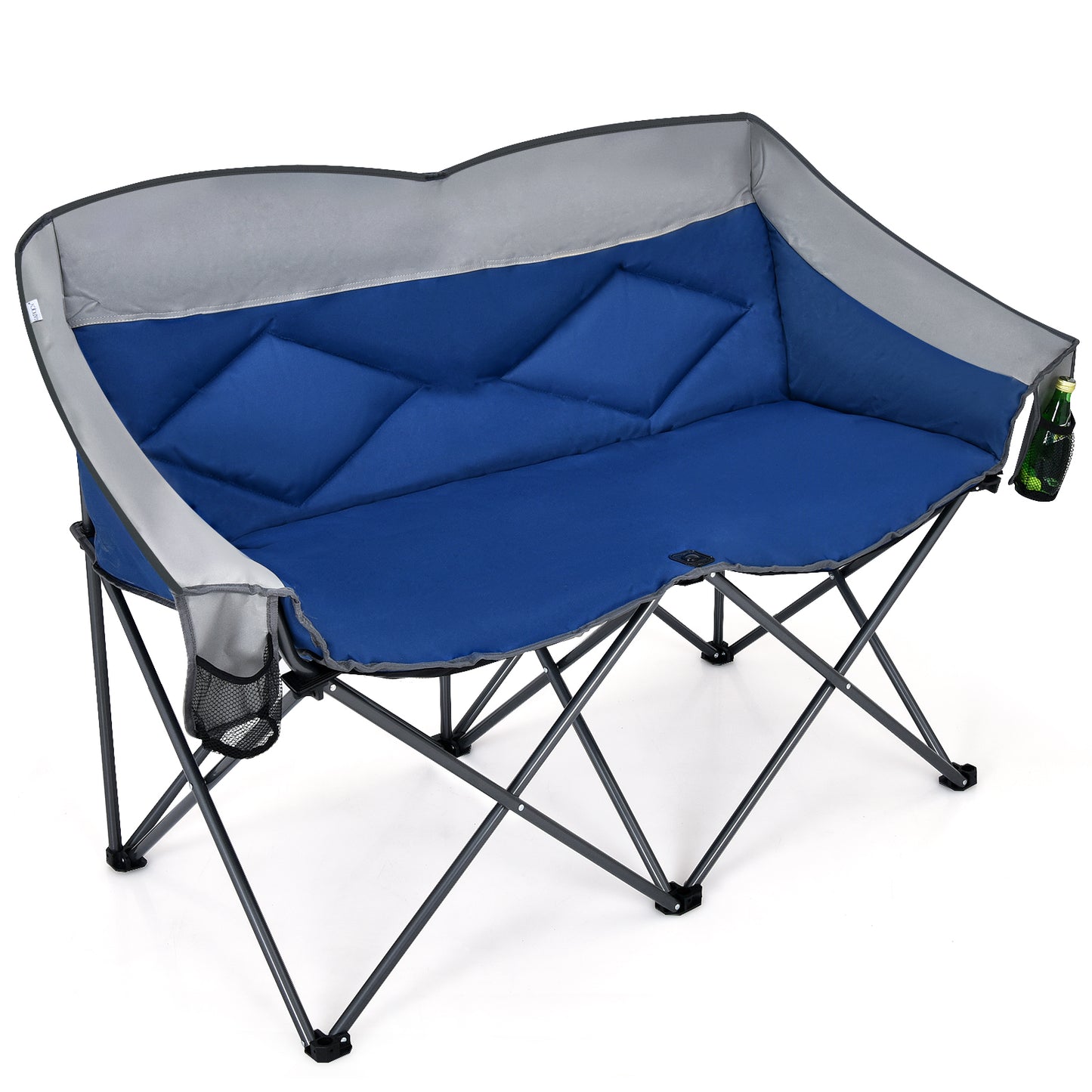 Double Folding Camping Chair with Padded Seat and Storage Pockets-Grey