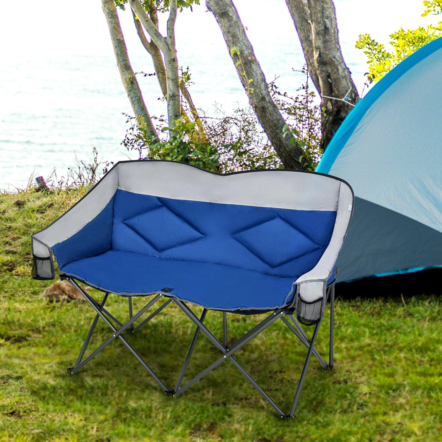 Double Folding Camping Chair with Padded Seat and Storage Pockets-Grey