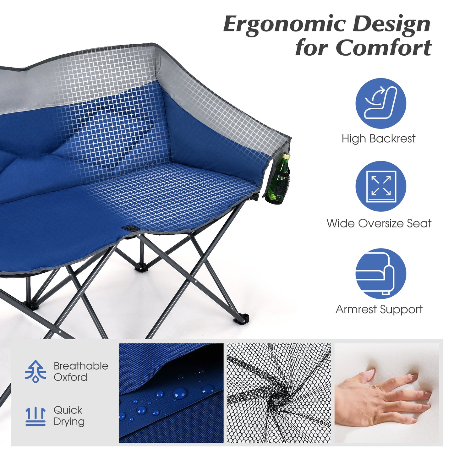 Double Folding Camping Chair with Padded Seat and Storage Pockets-Grey