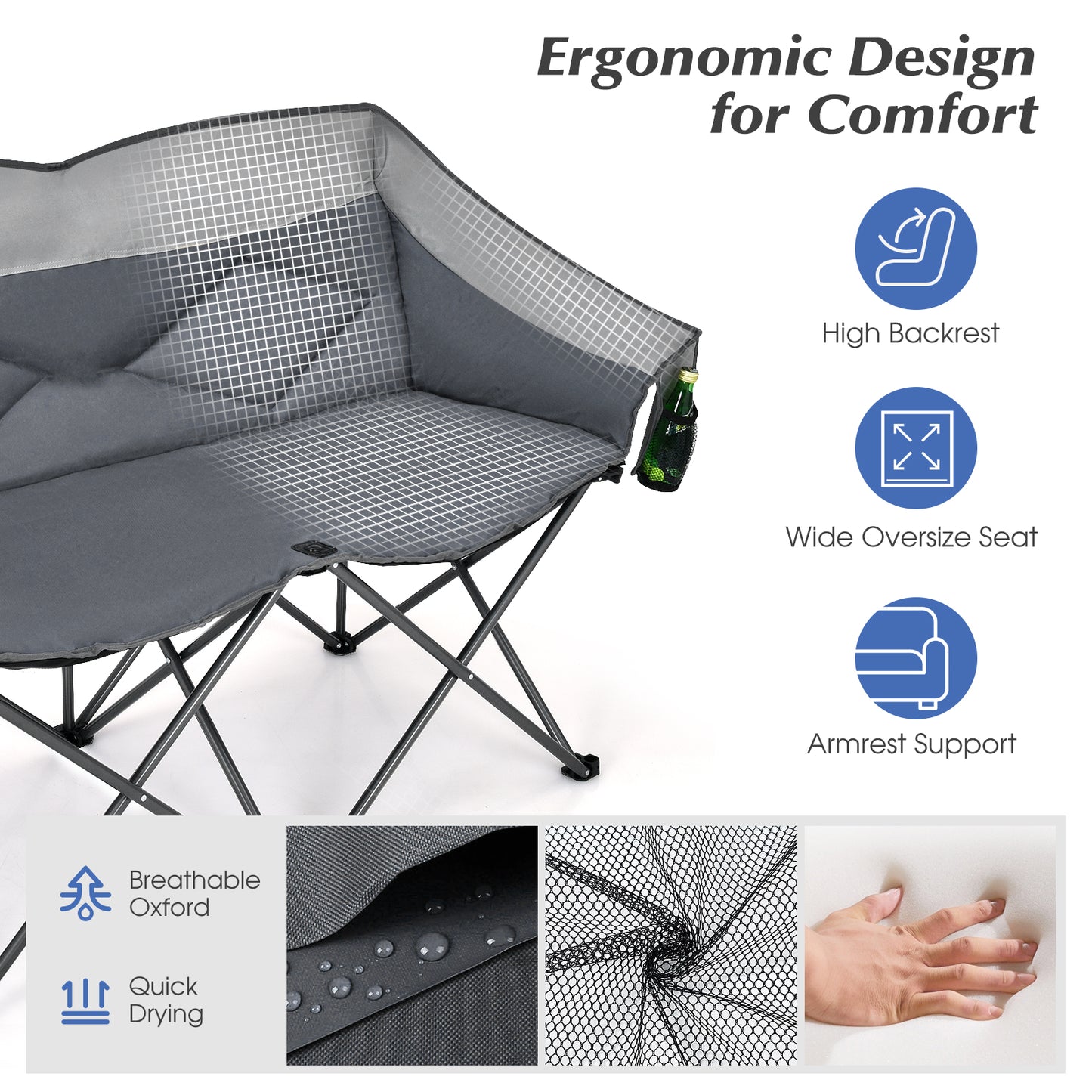 Double Folding Camping Chair with Padded Seat and Storage Pockets-Grey